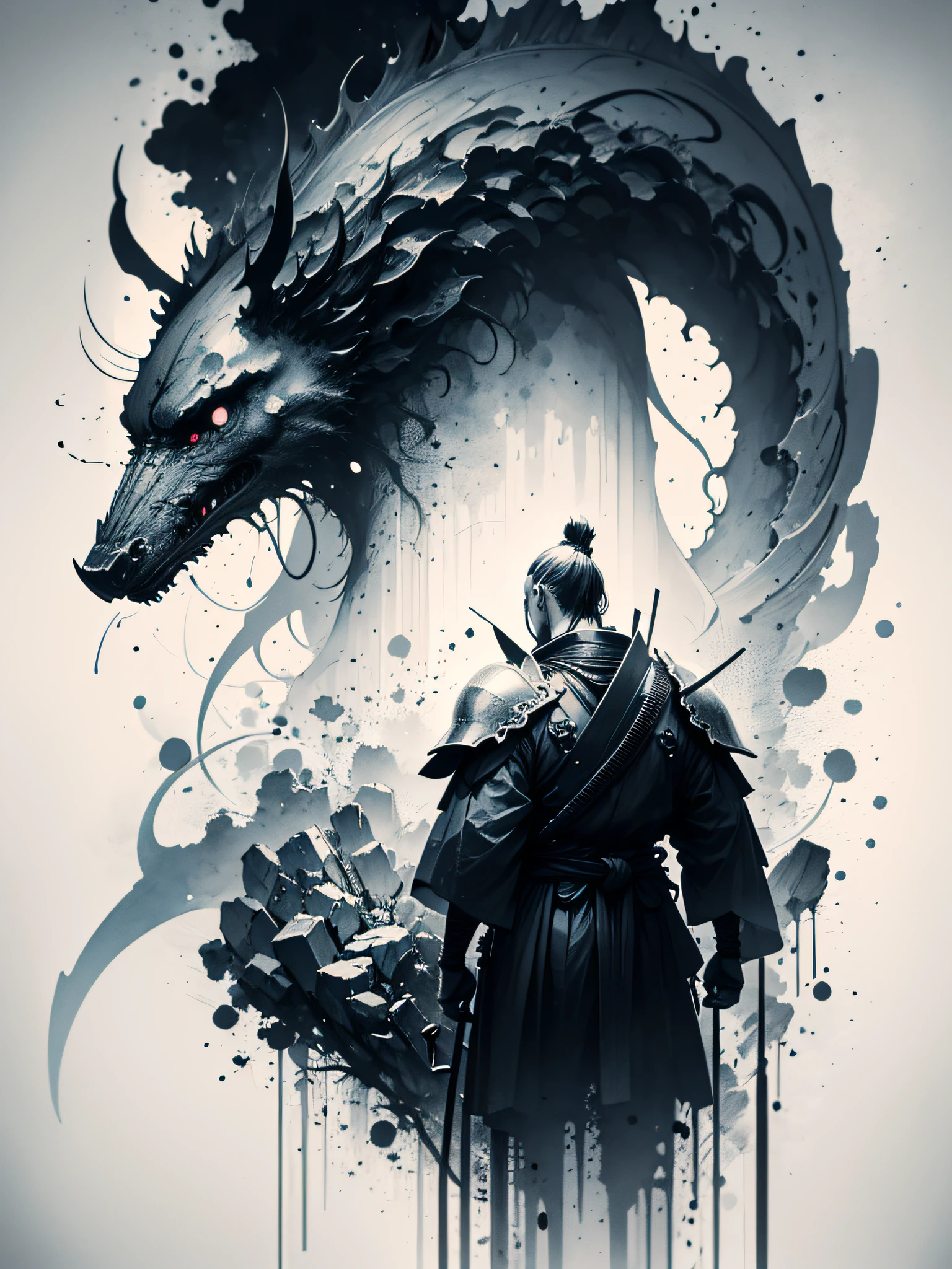 Masterpiece of a Samurai on his back with his armor, by Aase Berg, high contrast blue details, black and white, anime style, Japanese theme, hyperdetailed, ultra quality, 4k, intricate lighting, chiaroscuro, white background with one color ink spots, drawing stroke made with 0.5mm Rottring pen