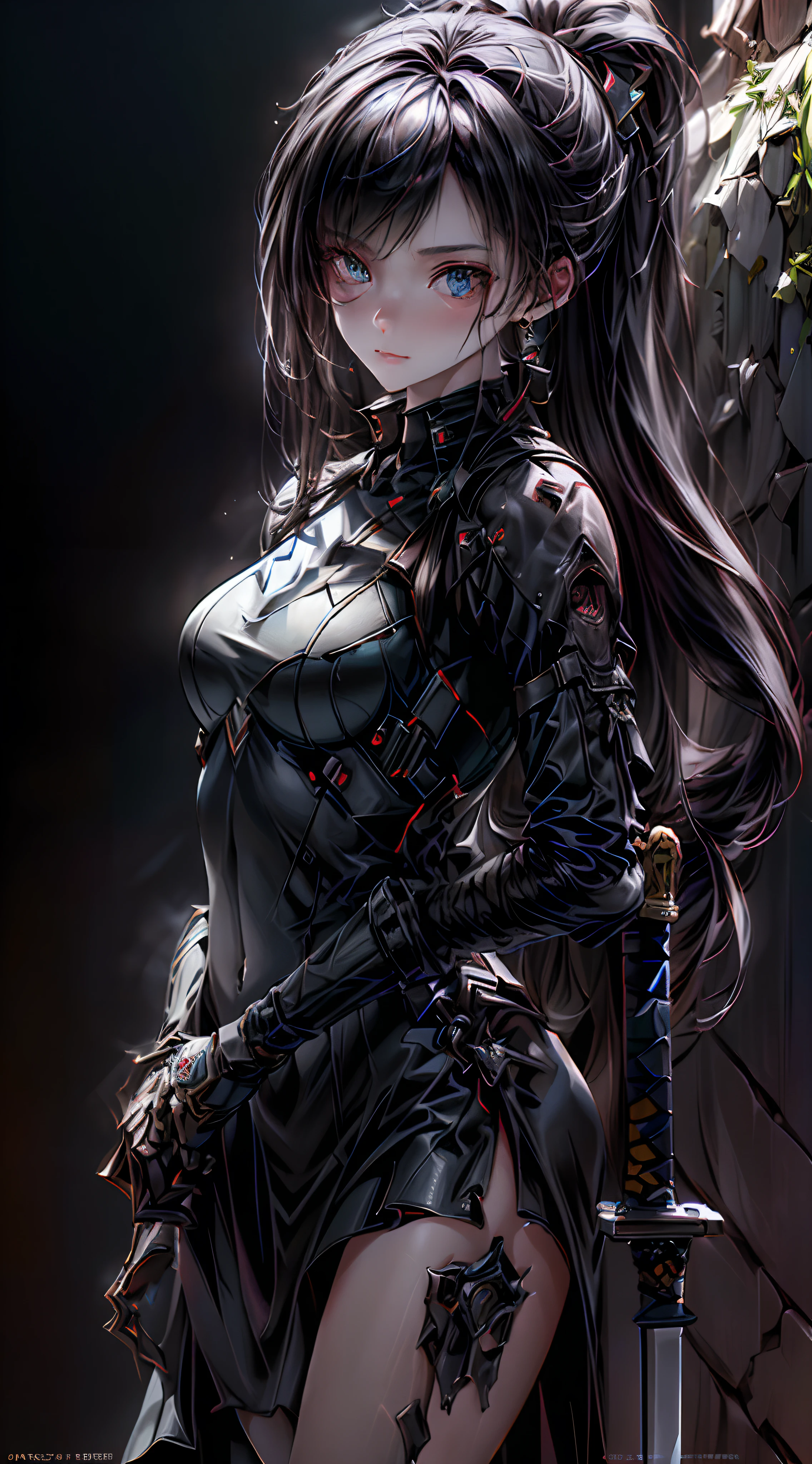 A woman in a black dress holding a sword and a sword - SeaArt AI