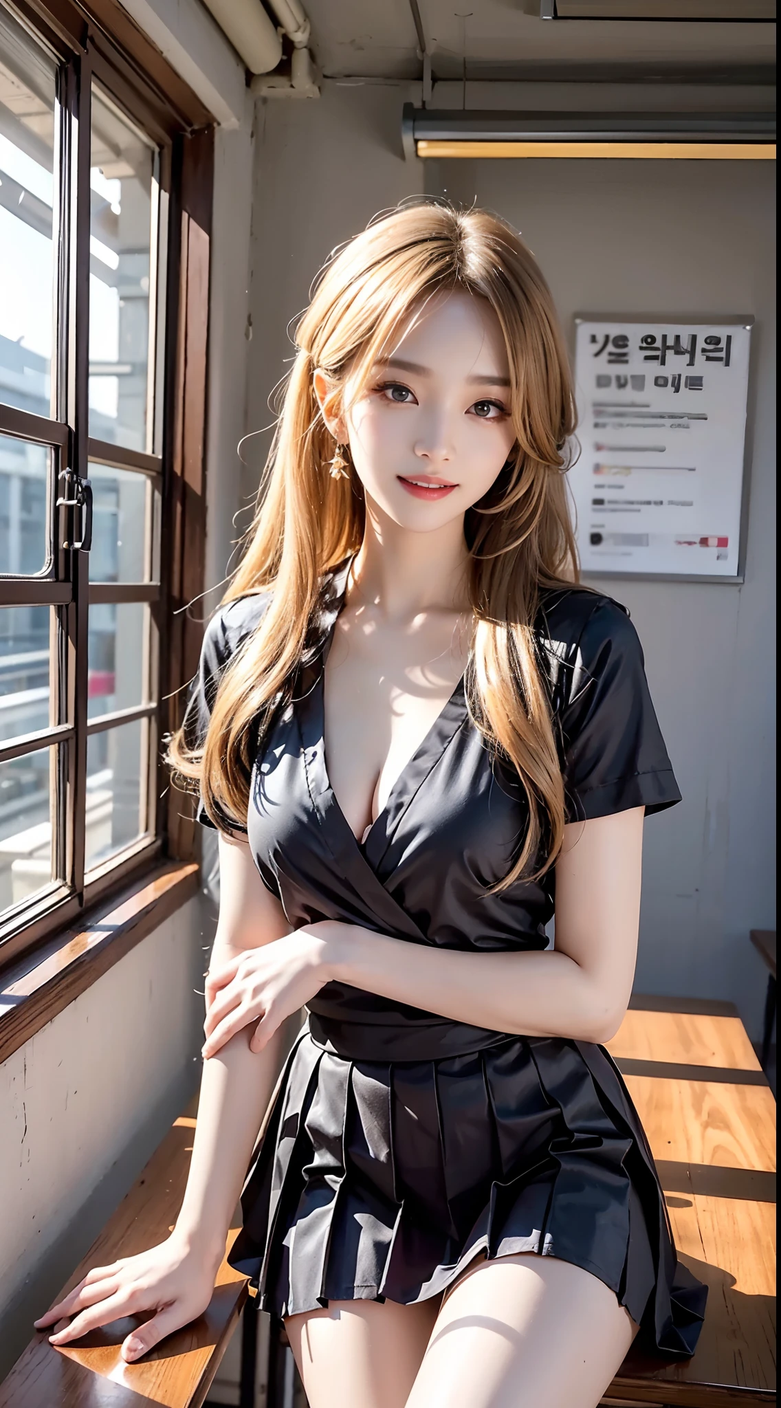 ((knee shot))), ((Shooting from a frontal perspective)), Korean school uniform, black shirt, White pleated skirt, Bright blonde hair，inside a classroom, standing on your feet, Leaning against the desk, Cross ed leg, posing elegantly, 8K original photos，A high resolution，20-year-old Korean model，beautiful eyes in detail，long eyelasher，beautiful double eyelid，eye shadows，eyes liner，Elongated eyes，Elongated eyes，Elongated eye shape， Sanbai's eyes，evil grin smile，Evil expression，Beautiful very thin legs，slender leg，Random medium hair，Hair tied behind the head，耳Nipple Ring, light make-up, ((warm lights, a warm color palette))