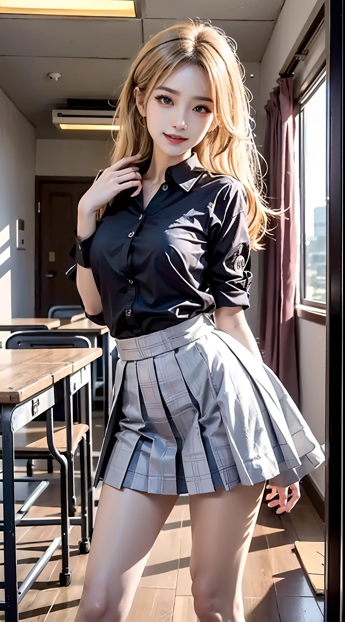 ((knee shot))), ((Shooting from a frontal perspective)), Korean school uniform, black shirt, White pleated skirt, Bright blonde hair，inside a classroom, standing on your feet, Leaning against the desk, Cross ed leg, posing elegantly, 8K original photos，A high resolution，20-year-old Korean model，beautiful eyes in detail，long eyelasher，beautiful double eyelid，eye shadows，eyes liner，Elongated eyes，Elongated eyes，Elongated eye shape， Sanbai's eyes，evil grin smile，Evil expression，Beautiful very thin legs，slender leg，Random medium hair，Hair tied behind the head，耳Nipple Ring, light make-up, ((warm lights, a warm color palette))