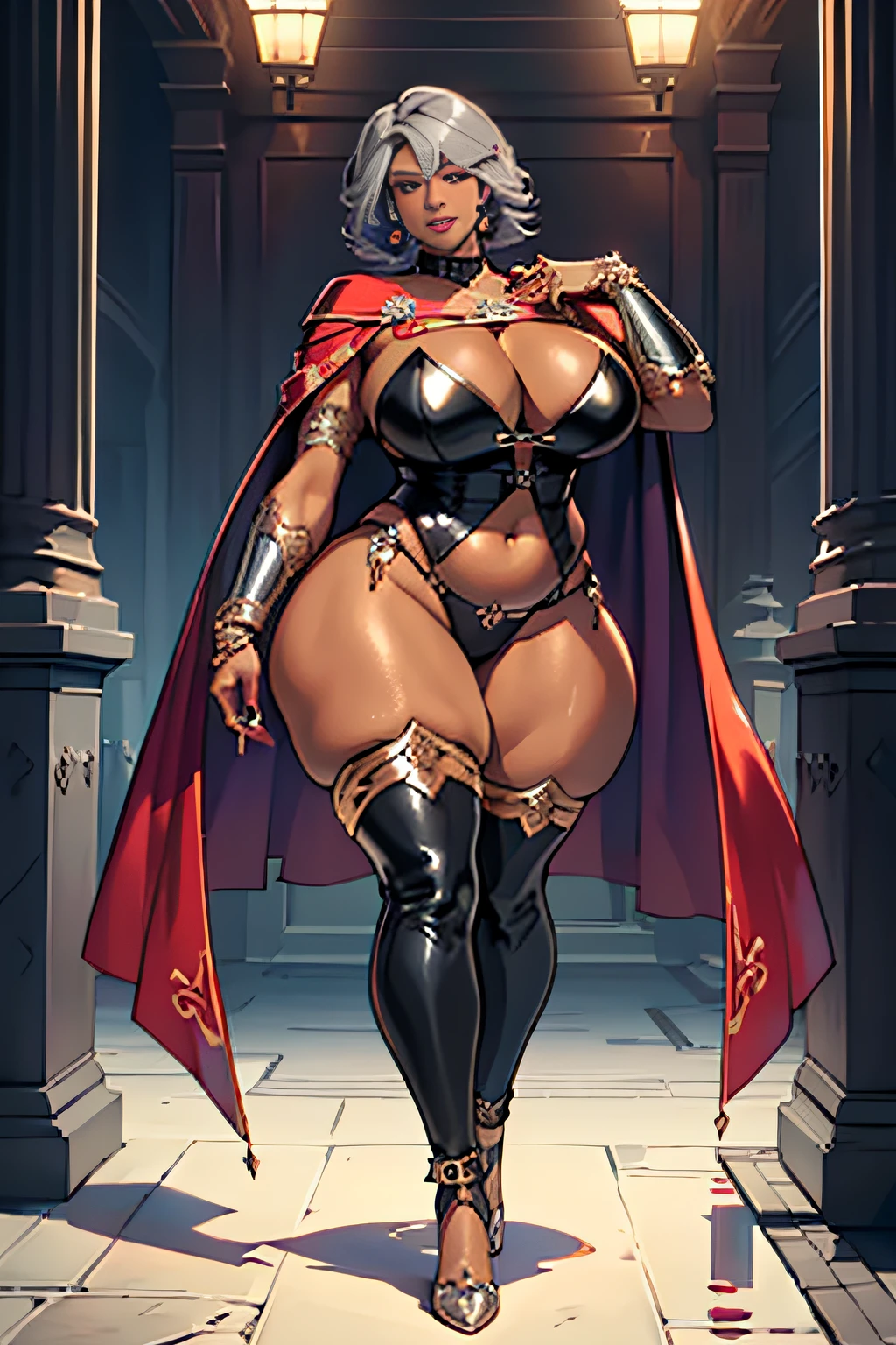 Elaborate CG artwork, (best qualtiy, exquisite detailing, absolute masterpiece), (Head to Toe Image)), ((Full body image)),(((frombelow))),((posterior view)),(plus size model)),((Wearing sexy BDSM gear with a fur-lined cape)), (((mahogany colored dark skin))),(((Light silver hair))), ((shorth hair,Graduation Bob)),(独奏,Beautiful with mahogany black skin、Wearing sexy BDSM gear with a fur-lined cape),Detailed beautiful mature face, very detailed beautiful face and eyes, (detailed seductive and sharp eyes), (plump shiny purple lips)), (Purple Eye Shadow), blush, (sadistic seductive smile), (Curvaceous), ( unbelievably huge curvaceous hips), (very huge sensual ass), (ridiculously massive thick thighs), (glittery skin), (wet oily skin), Fingernail Art, Jewelry, Bracelet, hoop earrings