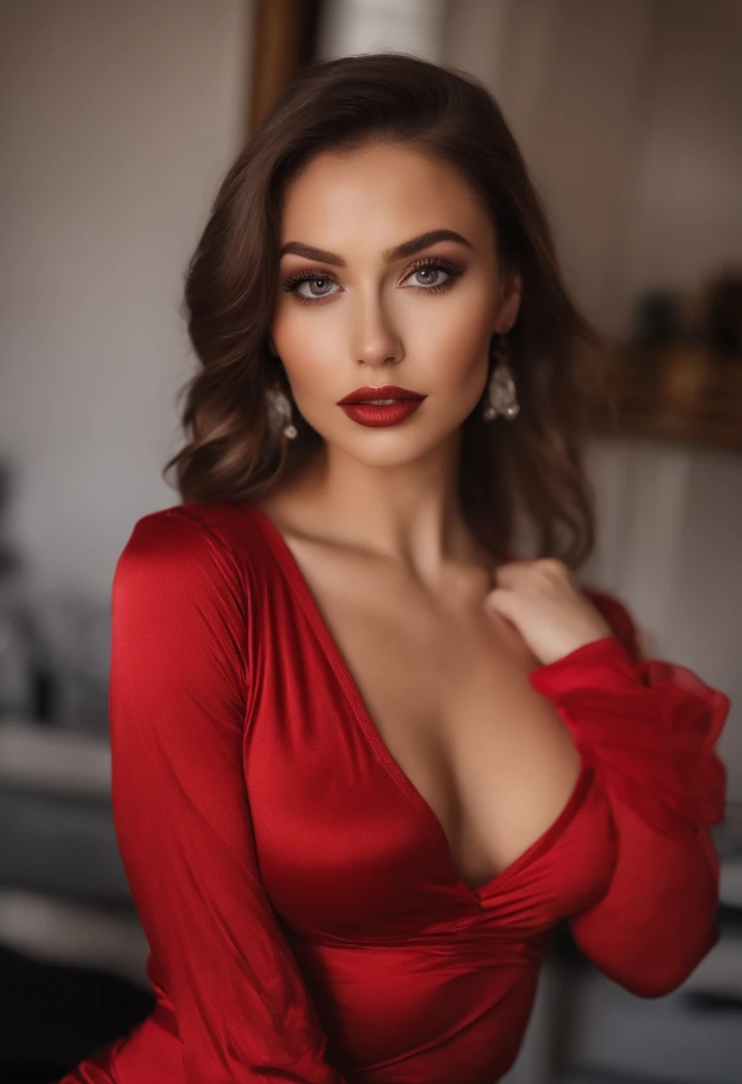 Arafed woman in red underwear and matching panties, Sexy girl with brown eyes, portrait sophie mudd, brown hair and big eyes, Selfie einer jungen Frau, Paris, Violet Myers, kein Make-up, Natural makeup, Direkt in die Kamera starren, Gesicht mit Artgram, Dezentes Make-up, Stunning full body photo, im Wohnzimmer, Escote