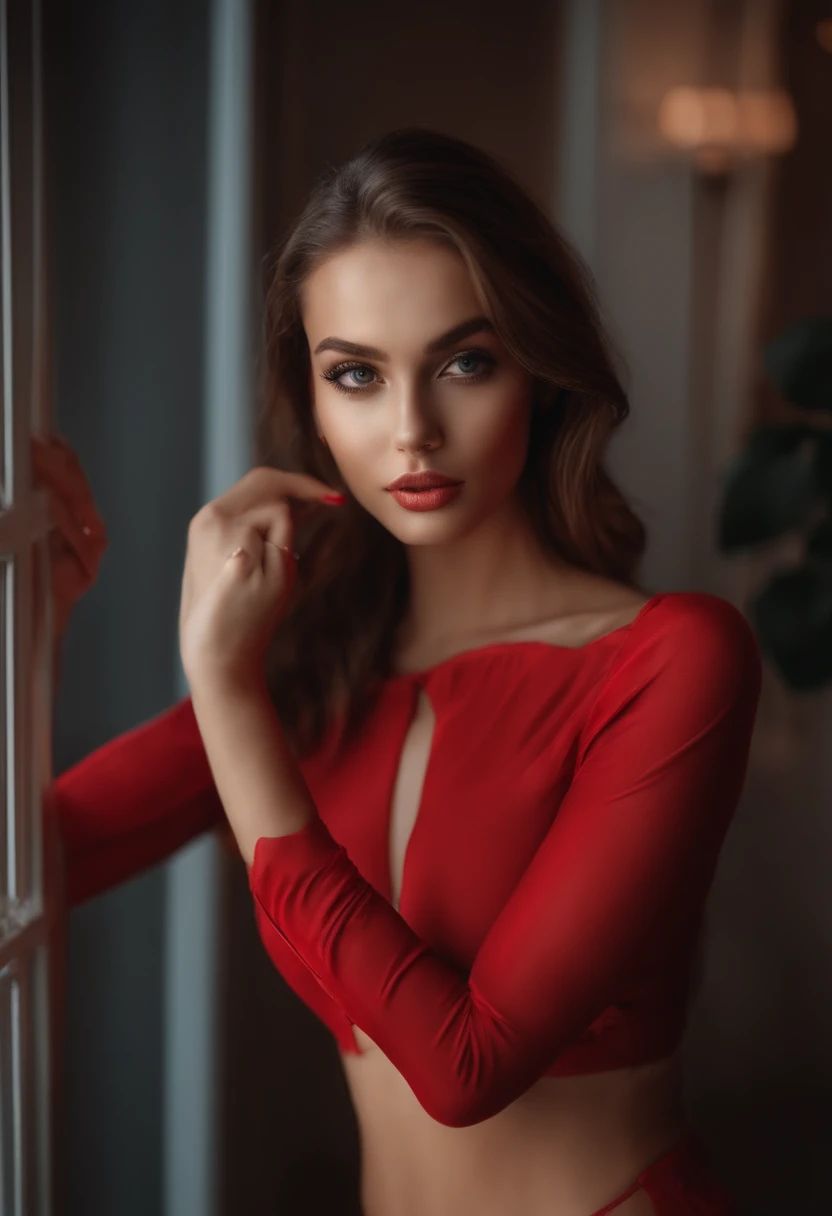 Arafed woman in red underwear and matching panties, Sexy girl with brown eyes, portrait sophie mudd, brown hair and big eyes, Selfie einer jungen Frau, Paris, Violet Myers, kein Make-up, Natural makeup, Direkt in die Kamera starren, Gesicht mit Artgram, Dezentes Make-up, Stunning full body photo, im Wohnzimmer, Escote