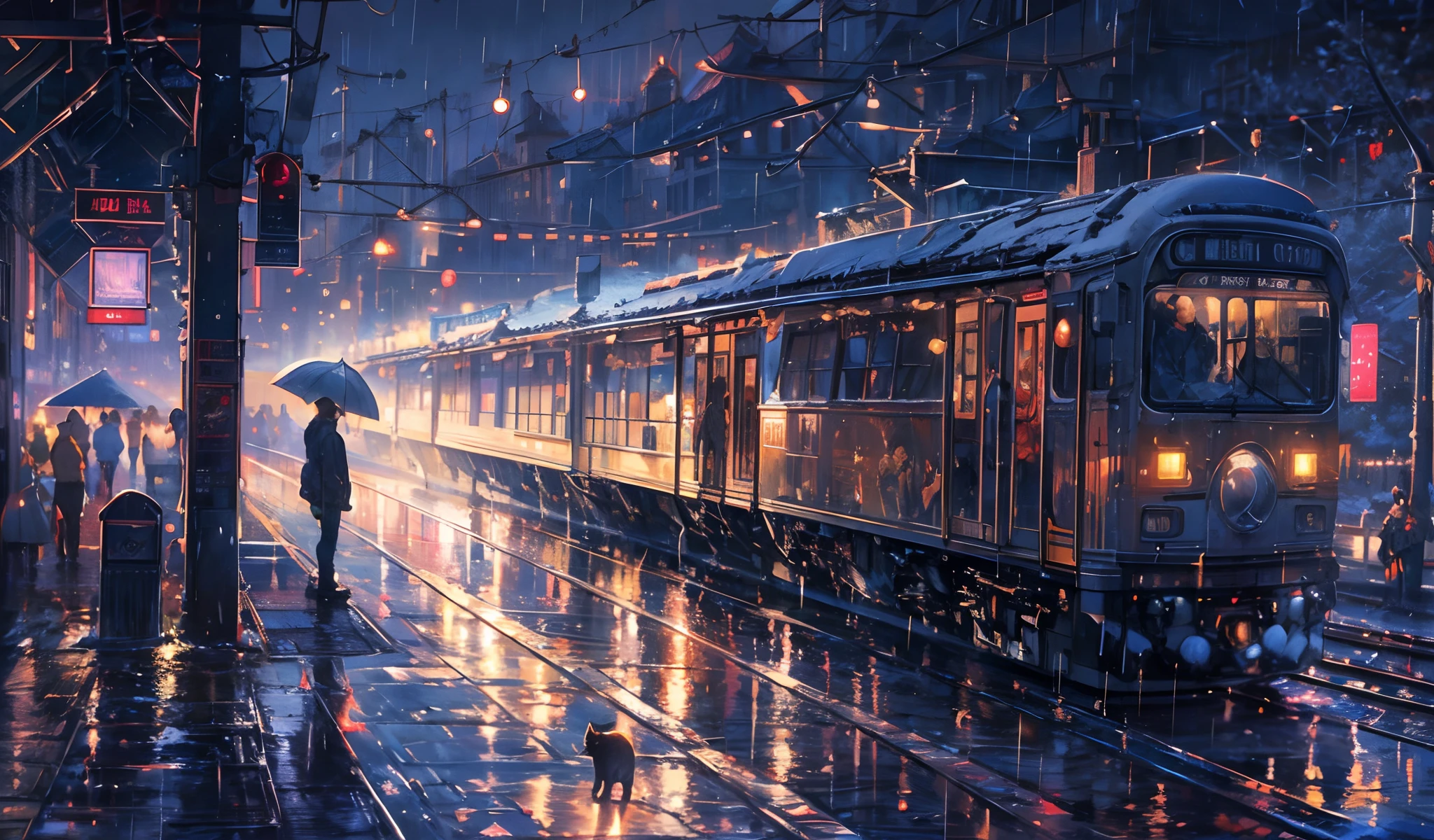 masterpiece, concept art, train station in the rain at night, a detailed matte painting, by Makoto Shinkai, featured on pixiv, photorealism, night starry sky full of cats, watching the sun set. anime, wlop hdr, from arknights, wide-screen, white snow, ( ( thomas kinkade ) ), artstatiom, 'the end, very long