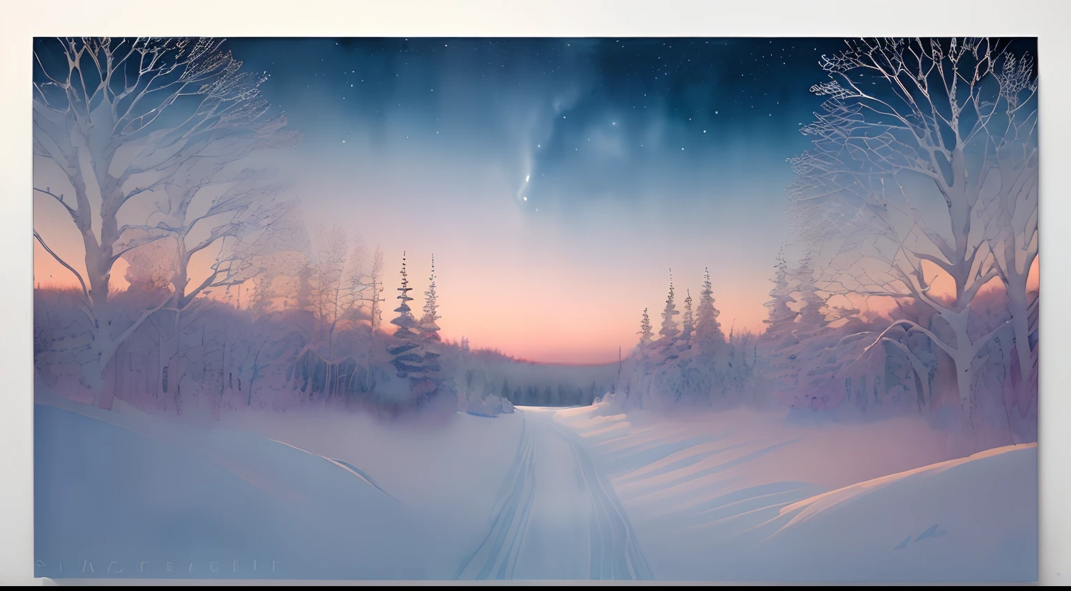 (Watercolor touch:1.4), ((Light yellow and blue color scheme:1,3)) ,(Snow and Sky:1.1), (The absence of humans and animals),((Shades of light shades:1.3))(Pale pink night sky:1.4)、night starly sky, (Gradient Color:1.4)、(pale color:1.3),((top-quality)), ((masterpiece)), ( Extreme details, highestdetailed, Official art, Beautifully Aesthetic:1.2),Branches in the foreground