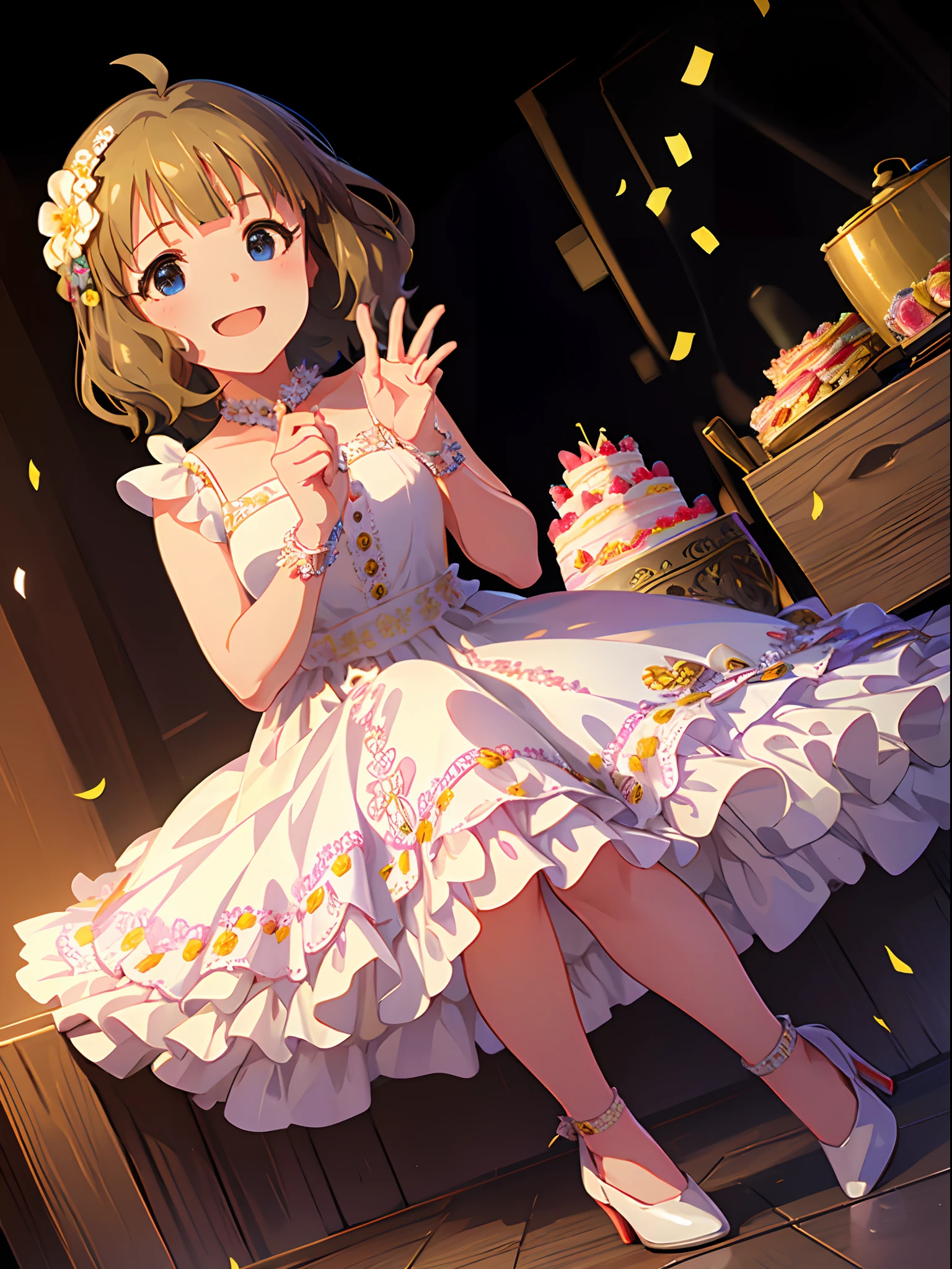 momoko suou (million live), best quality, masterpiece, high resolution, 8k, ultra-detailed, detailed face, smile, (((A line dress, white dress, floral dress, pumps))), celebration, birth day party, a big cake, crackers, confetti,