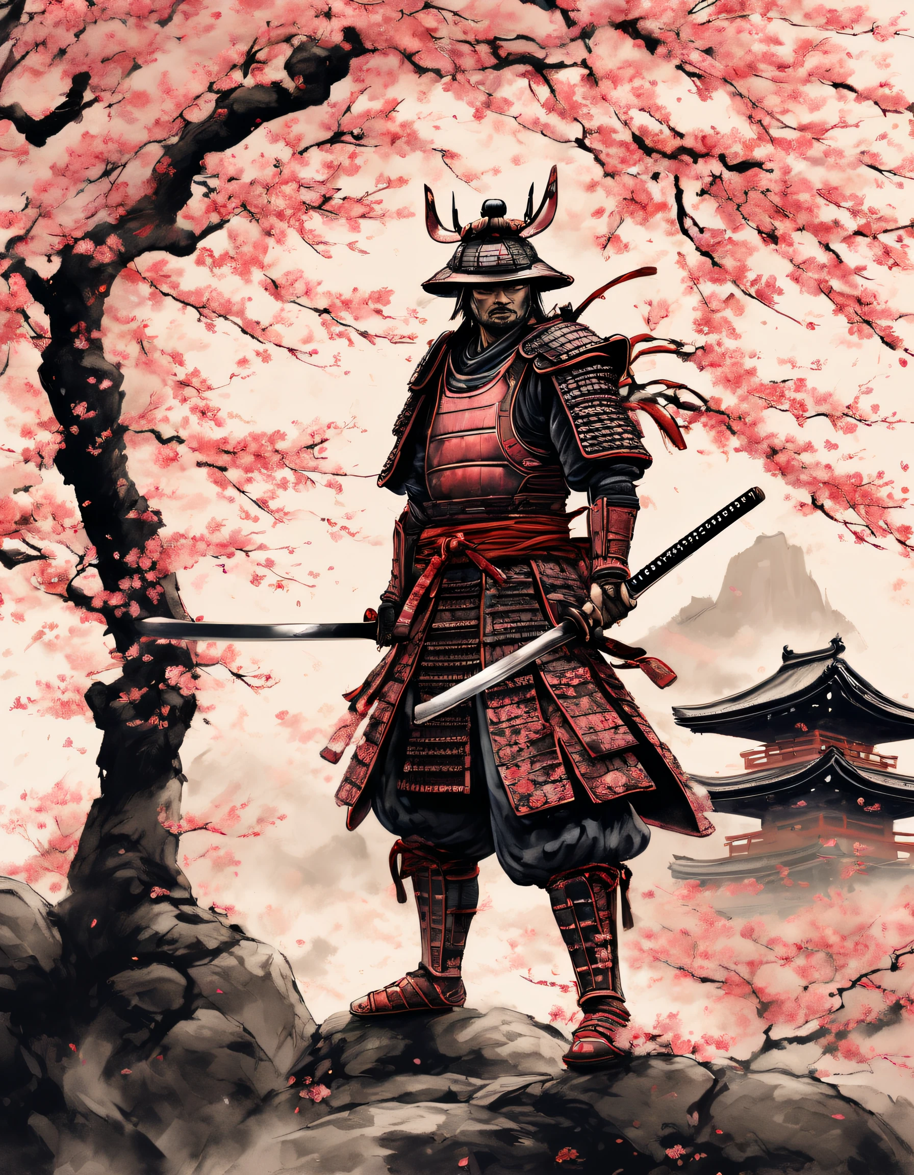 (best quality,highres:1.2),ultra-detailed,traditional Japanese samurai armor,warrior,stoic expression,serious,skilled swordsmanship,classic katana,samurai code of honor,sacred devotion,falling cherry blossom petals,ancient cherry blossom tree,authentic Japanese landscape,peaceful temple in the distance,subtle light and shadow,sublime artistry,brushstrokes,deep black ink wash,Manga-inspired,traditional woodblock print style,vibrant colors,delicate linework,faint scent of incense,serene atmosphere