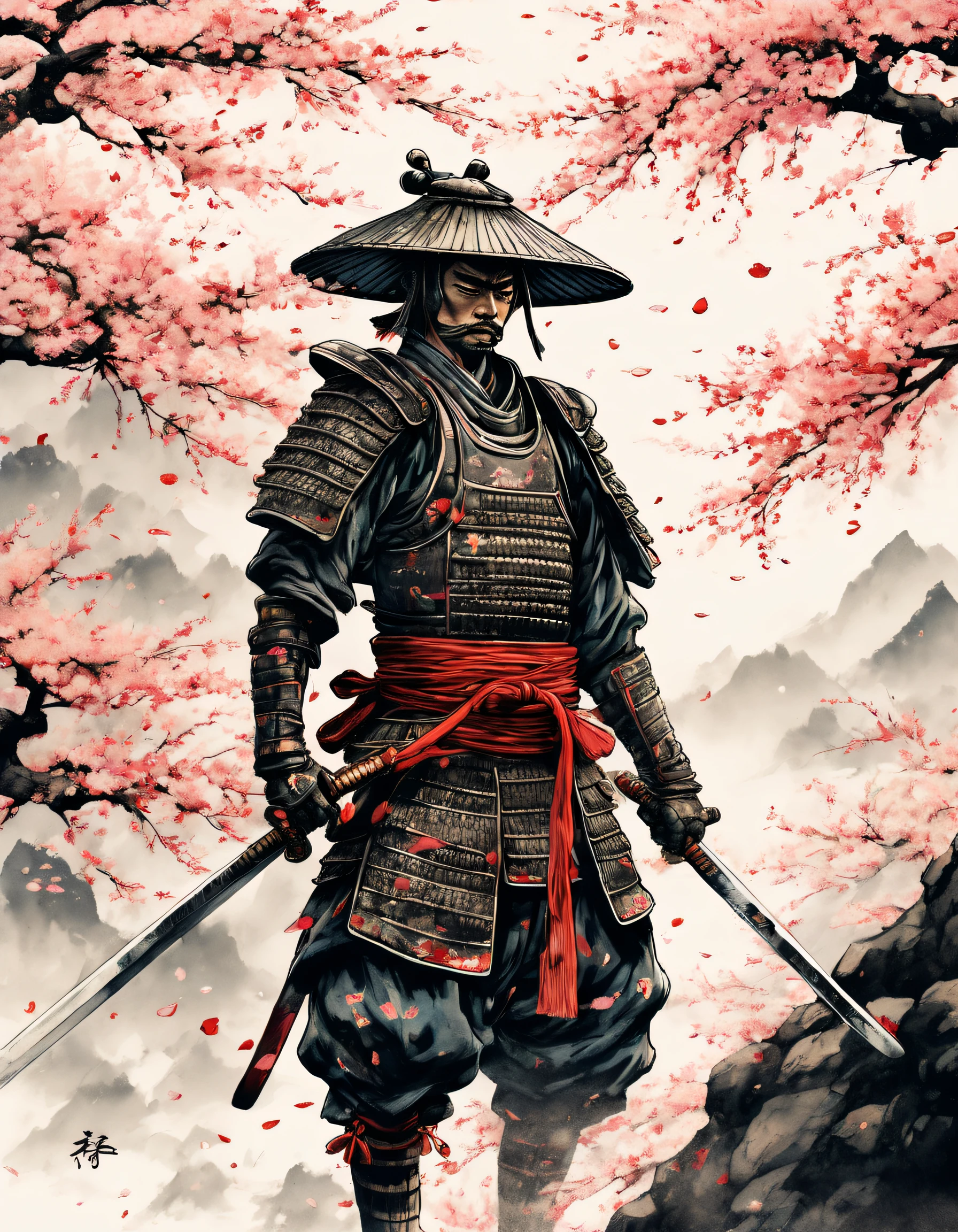 (best quality,highres:1.2),ultra-detailed,traditional Japanese samurai armor,warrior,stoic expression,serious,skilled swordsmanship,classic katana,samurai code of honor,sacred devotion,falling cherry blossom petals,ancient cherry blossom tree,authentic Japanese landscape,peaceful temple in the distance,subtle light and shadow,sublime artistry,brushstrokes,deep black ink wash,Manga-inspired,traditional woodblock print style,vibrant colors,delicate linework,faint scent of incense,serene atmosphere