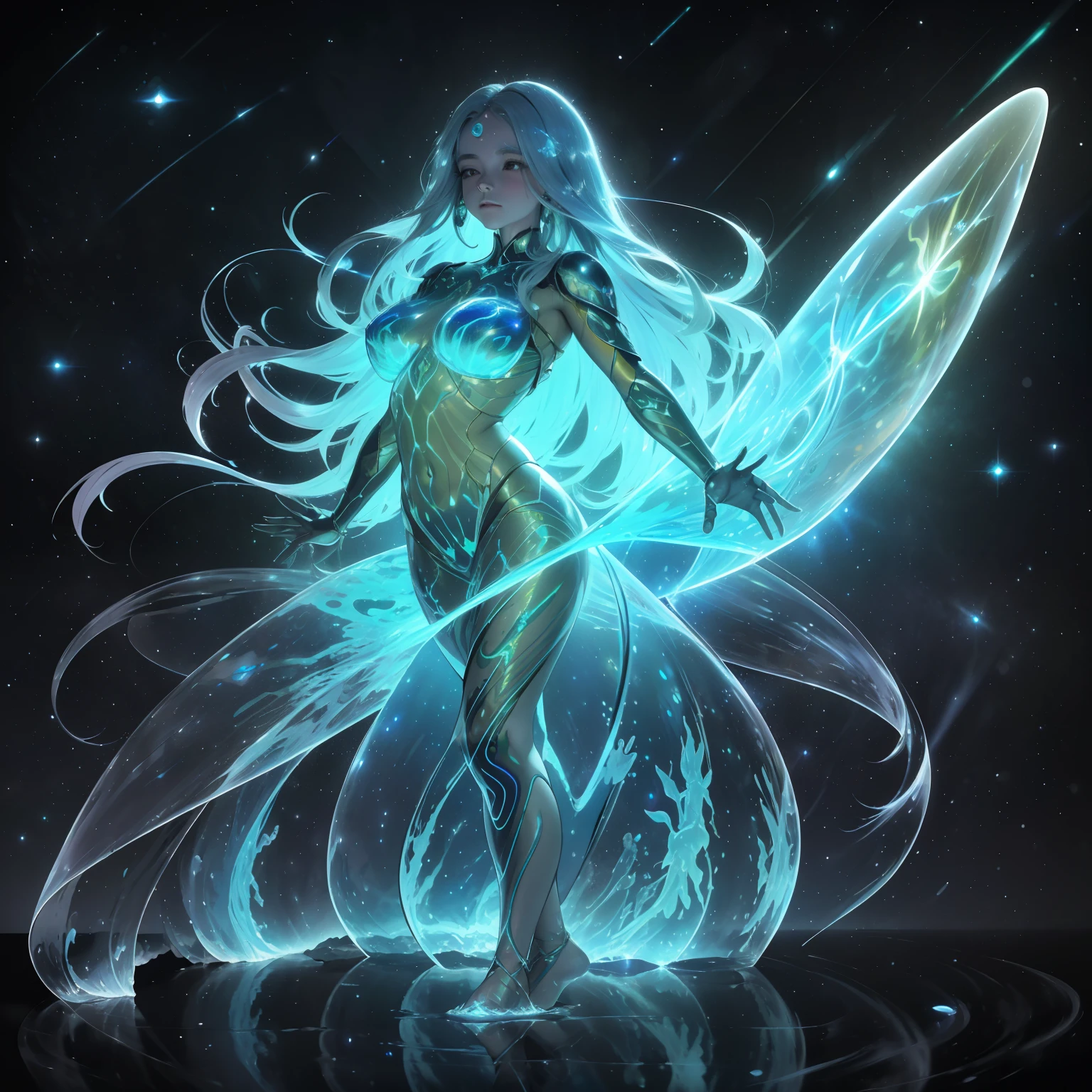 desenho de uma mulher jovem bonito, long flowing hair, corpo brilhante bioluminescente transparente, em um fundo escuro profundo, Glassmorphisom,   32k por AiLove, Misterioso