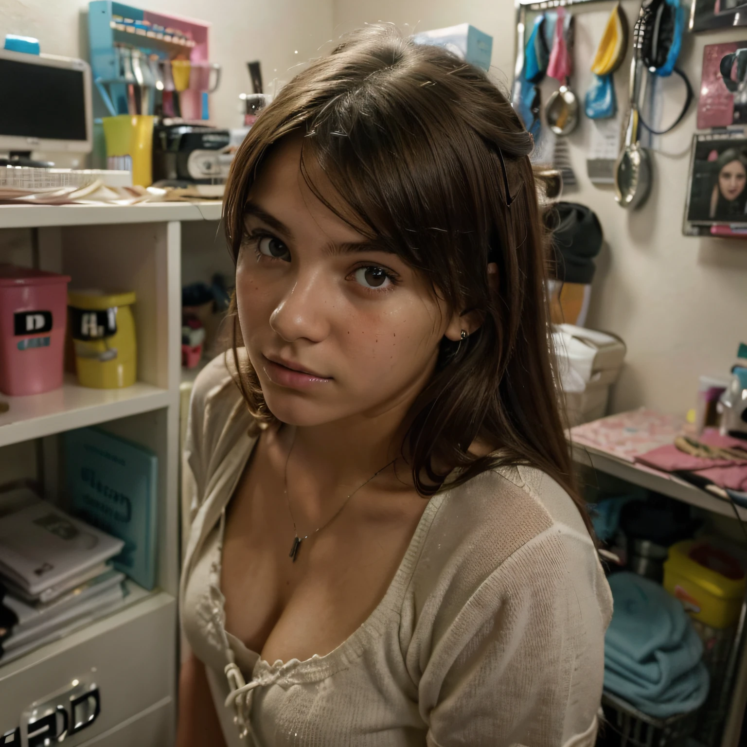 (((hd closeup photo))) one standing argentine girl mikaela Sorin looking at camera. 17 years old, in his messy teenager room (((mikaela Sorin)))