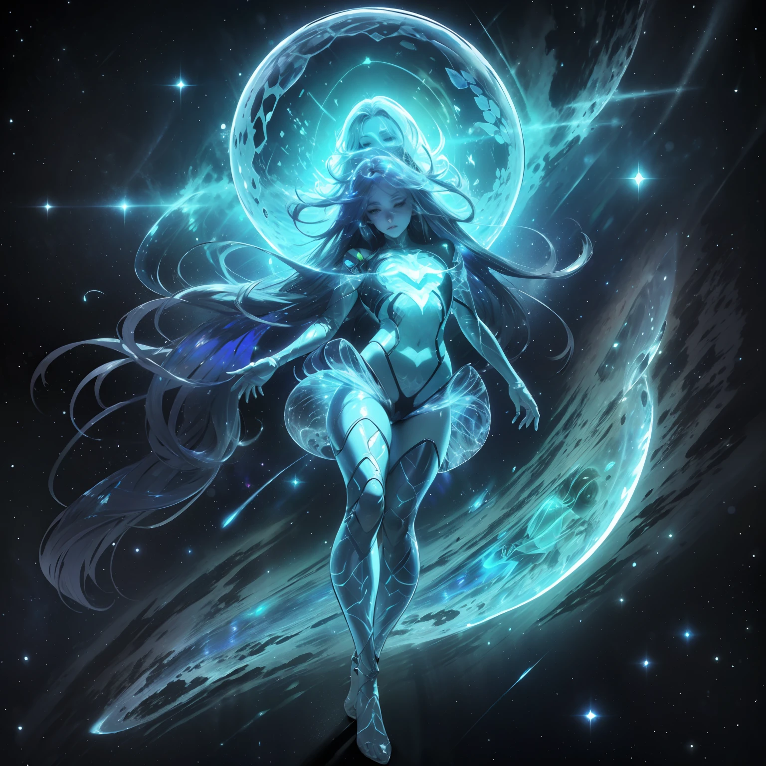 desenho de uma mulher jovem bonito, long flowing hair, corpo brilhante bioluminescente transparente, em um fundo escuro profundo, Glassmorphisom, 32k por AiLove, Misterioso