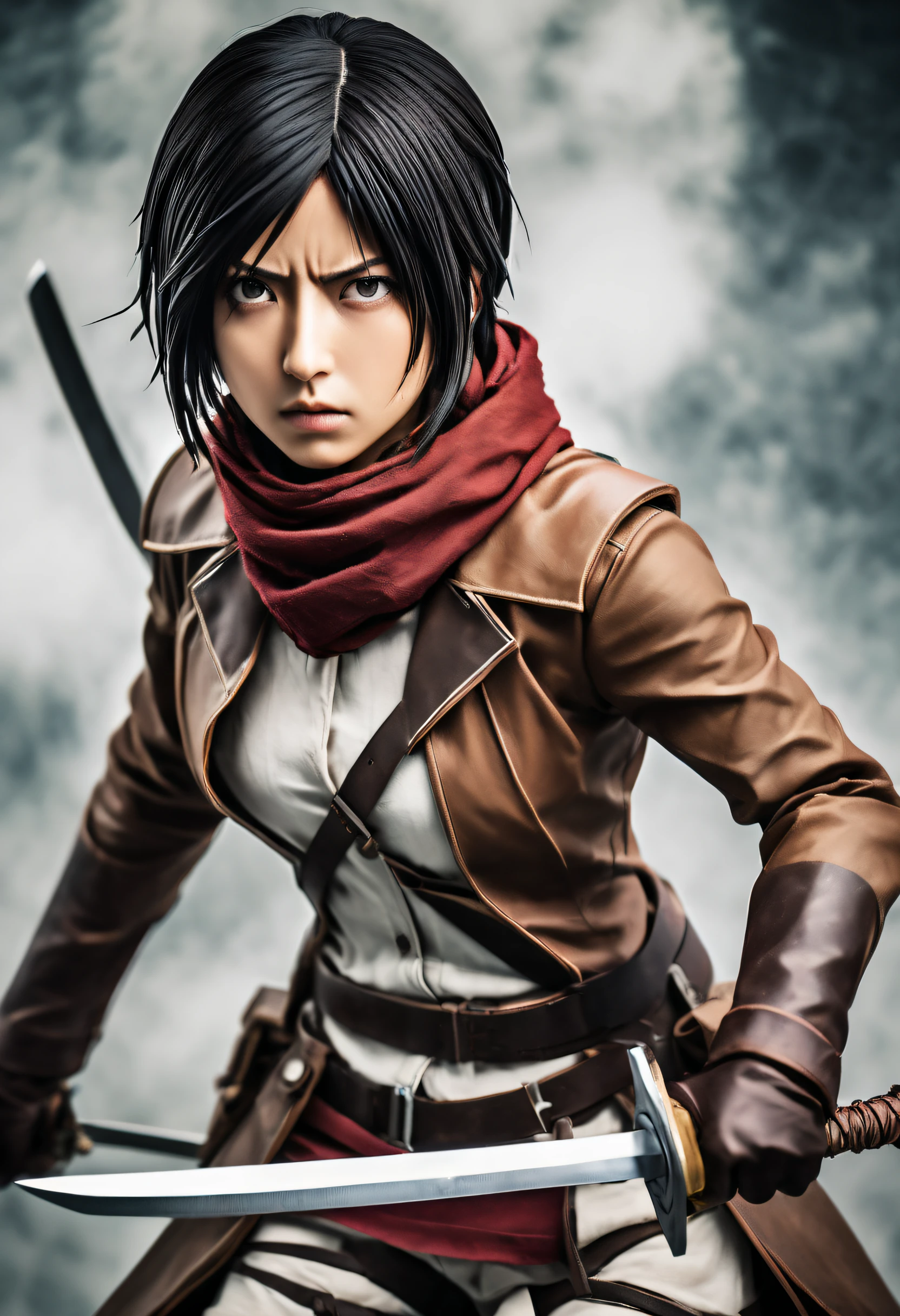 Photography capturing Mikasa, a fierce and determined warrior from the series "Attack on Titan," in a close-up shot. Mikasa is dressed in her iconic tight-fitting combat attire, showcasing her strength and agility. Her intense gaze reflects her unwavering focus in the midst of a chaotic battlefield. The photograph is framed tightly, emphasizing Mikasa's resolute expression and the tension in her muscles. The lighting is harsh, casting bold shadows that accentuate her powerful stance. This captivating image encapsulates Mikasa's unwavering determination and prowess in the face of adversity