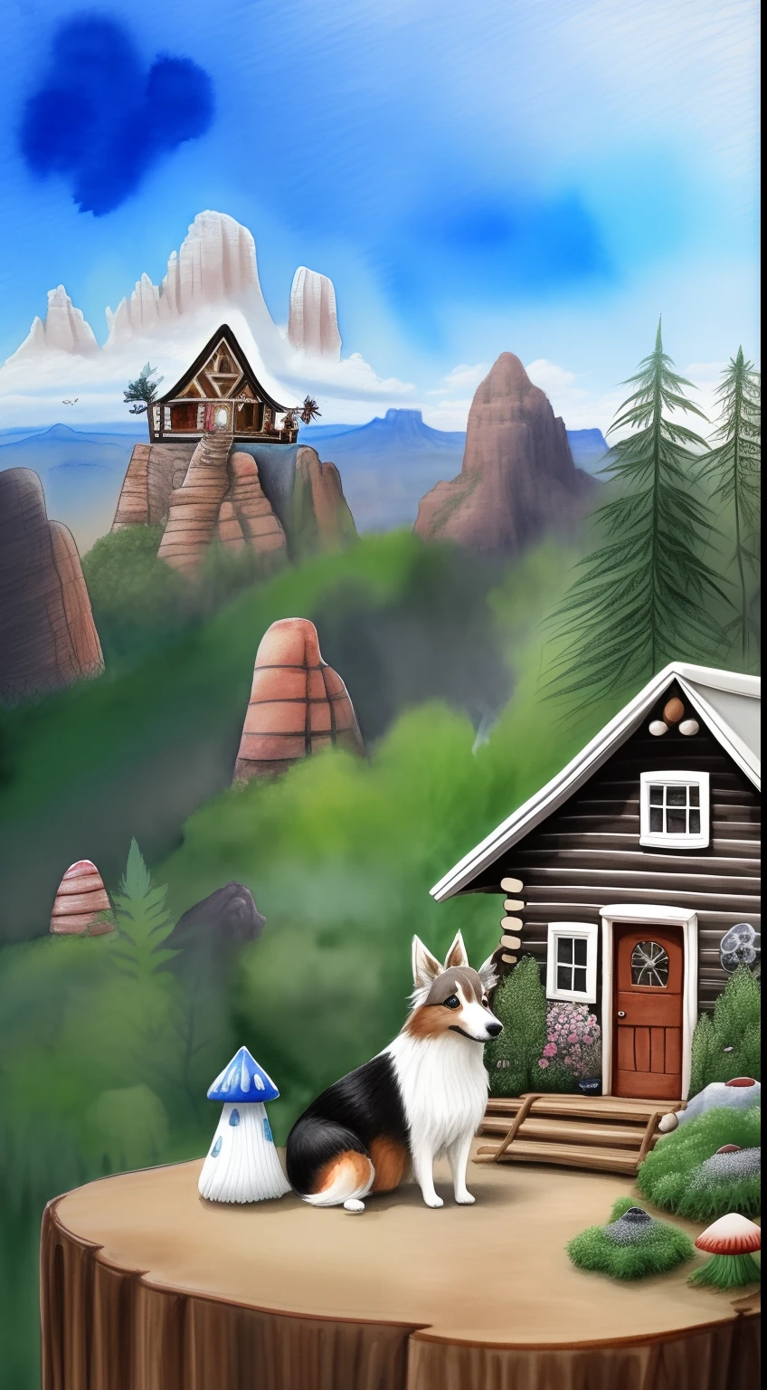 Colorful watercolor pencil drawing of a black with white colored miniature sheltie that is standing next to a whimsical and fun log cabin, with a small blue and white airplane  parked on top of a mountain ledge next to three crosses, located in Sedona Arizona, Whimsical magical land, small and large mushrooms, marijuana, meditation, fairy tale, rest in peace.