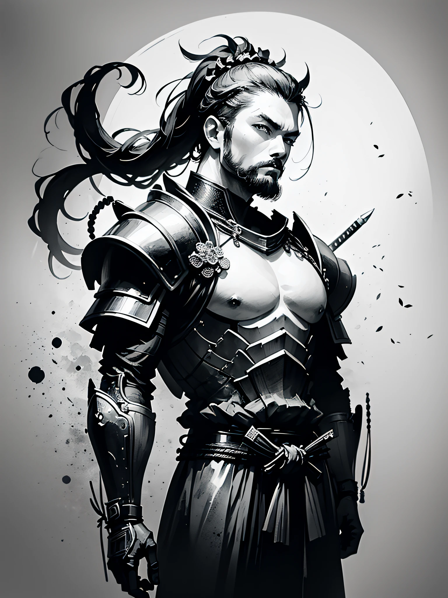 Masterpiece of a Samurai on his back with his armor, by Aase Berg, high contrast color details, black and white, anime style, Japanese theme, hyperdetailed, ultra quality, 4k, intricate lighting, chiaroscuro, white background with one color ink spots, drawing stroke made with 0.5mm Rottring pen