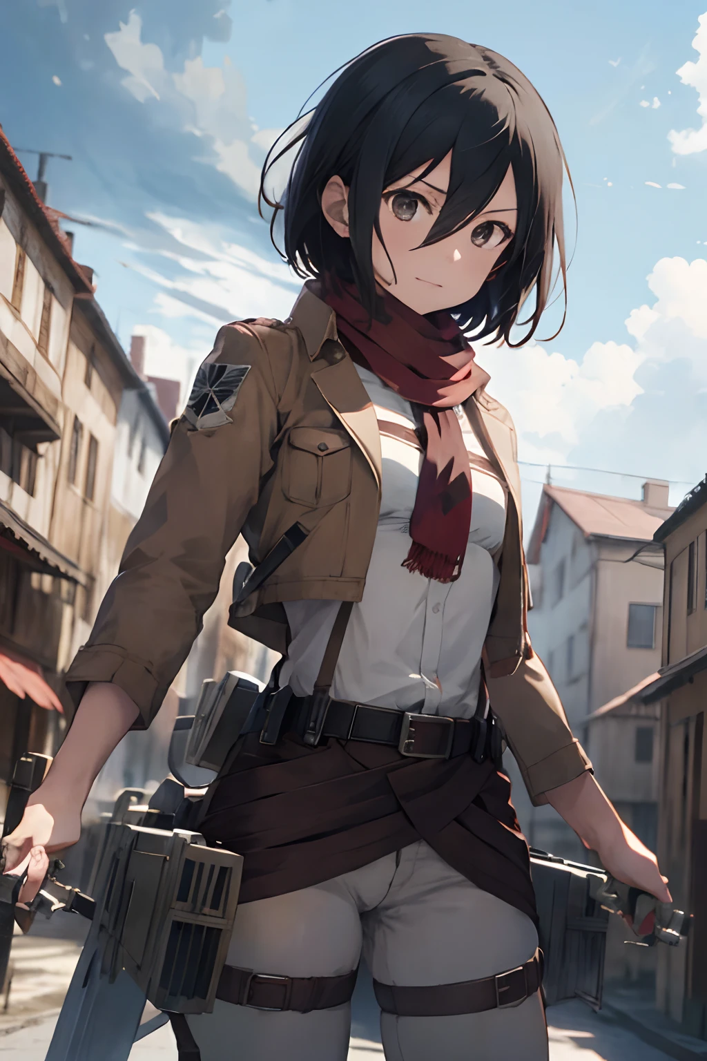masterpiece, best quality, highres, hmmikasa, short hair, black eyes, scarf, emblem, belt, thigh strap, red scarf, white pants, brown jacket, long sleeves, holding weapon, sword, dual wielding, three-dimensional maneuver gear, fighting stance, sky,