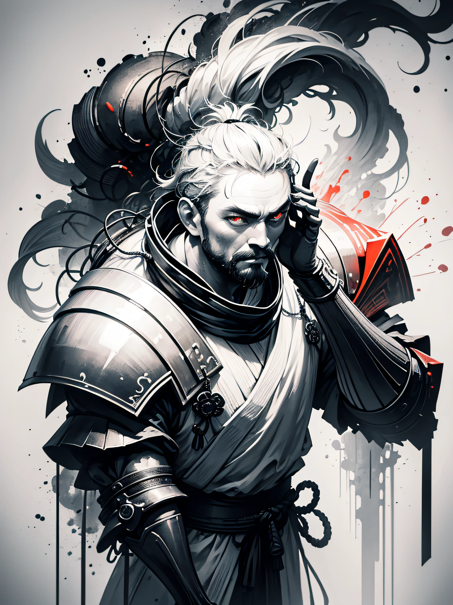 Masterpiece of a Samurai on his back with his armor, by Aase Berg, high contrast color details, black and white, anime style, Japanese theme, hyperdetailed, ultra quality, 4k, intricate lighting, chiaroscuro, white background with one color ink spots, drawing stroke made with 0.5mm Rottring pen