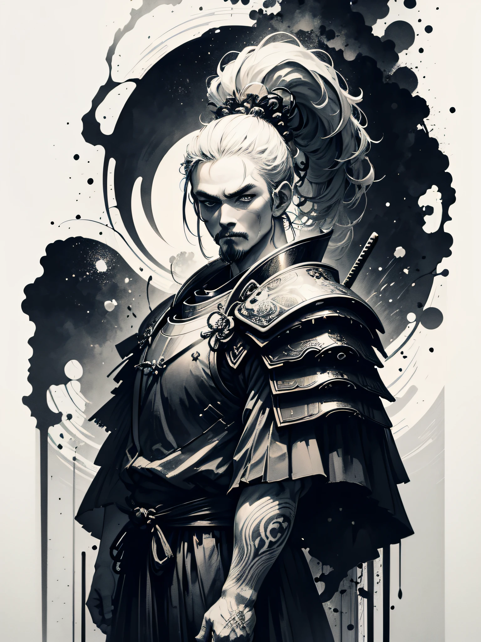 Masterpiece of a Samurai on his back with his armor, by Aase Berg, high contrast color details, black and white, anime style, Japanese theme, hyperdetailed, ultra quality, 4k, intricate lighting, chiaroscuro, white background with one color ink spots, drawing stroke made with 0.5mm Rottring pen