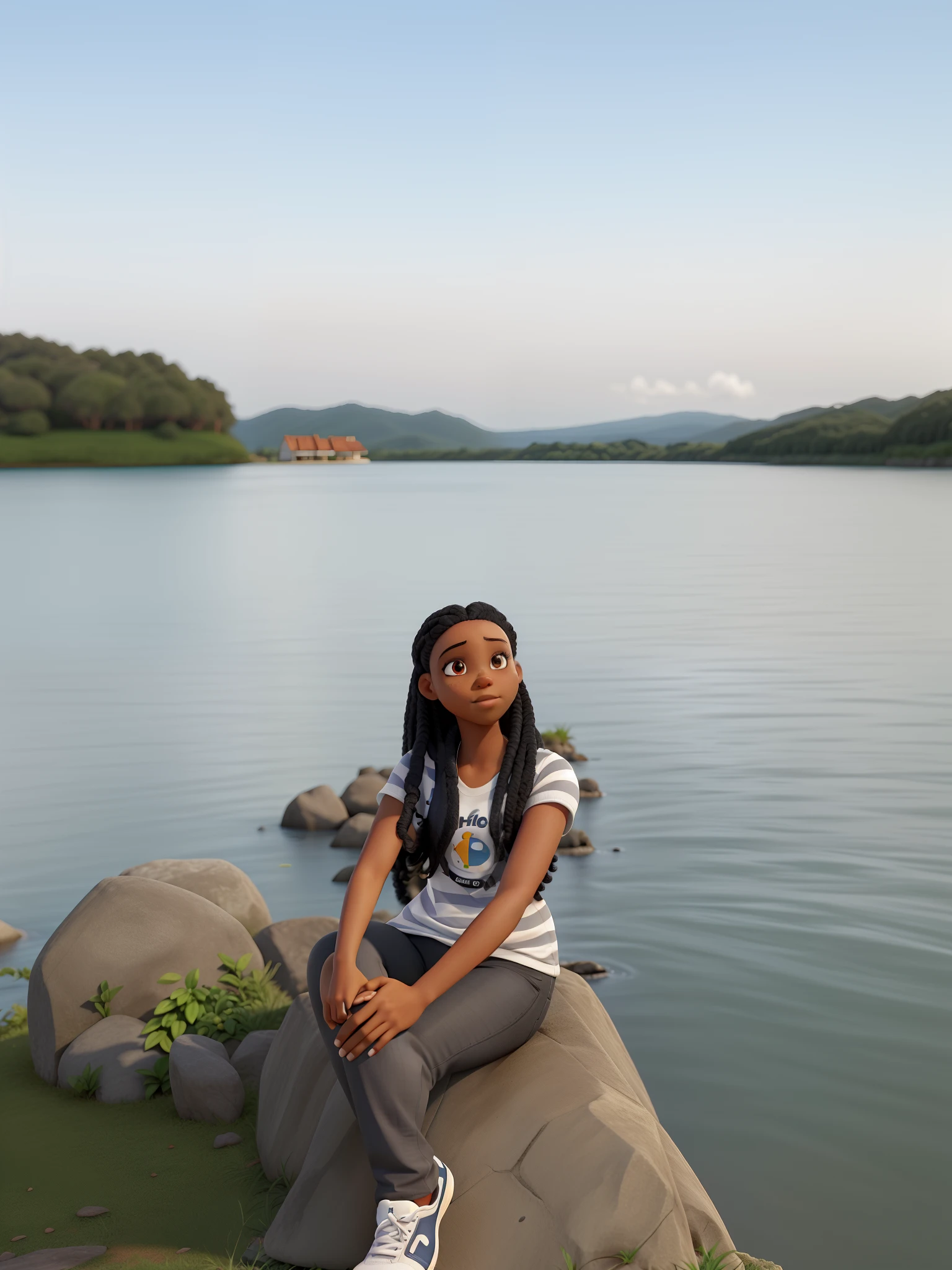 A black girl, cabelo liso, Leg pants, sneaker, camisa listrada, corpo inteiro, luz solar, rosto claro, fundo natureza, lago ao fundo, master part, Super Detalhe, Epic composition, Ultra HD |, alta qualidade, extremamente detalhado, Arte Oficial, papel de parede uniforme 8k, Super Detalhe, 32k