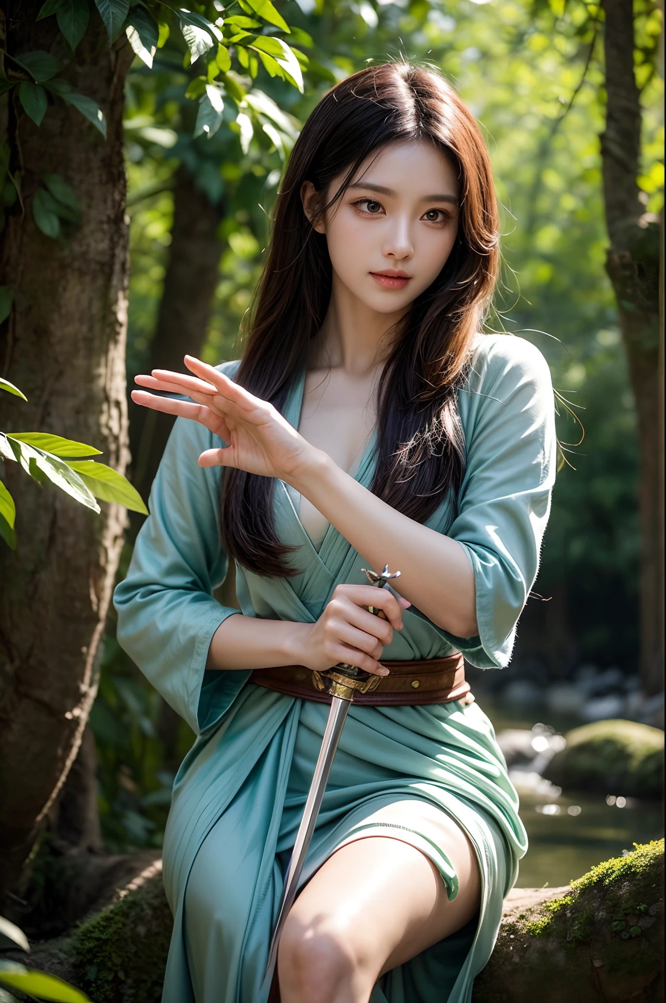 Raise your sword，Wide eyes，Beautiful and touching lips,long hair flowing,Mysterious eyes,A smile with charisma，Superb swordsmanship，Soft green meadows, Clear stream，Verdant trees，Flying leaves, Outstanding swordsman, Mystic kingdom, Surrounded by magic, Absolute authority, Tall figure, Confident eyes, Detailed facial expressions, Passionate action，Refreshed gesture, Powerful magic, A magic weapon with mysterious powers, The light of a mystical ritual, A shining aperture, Soft and warm tones, The sound of a sword, Fascinating plot, spectacular backdrops, Vibrant graphics。