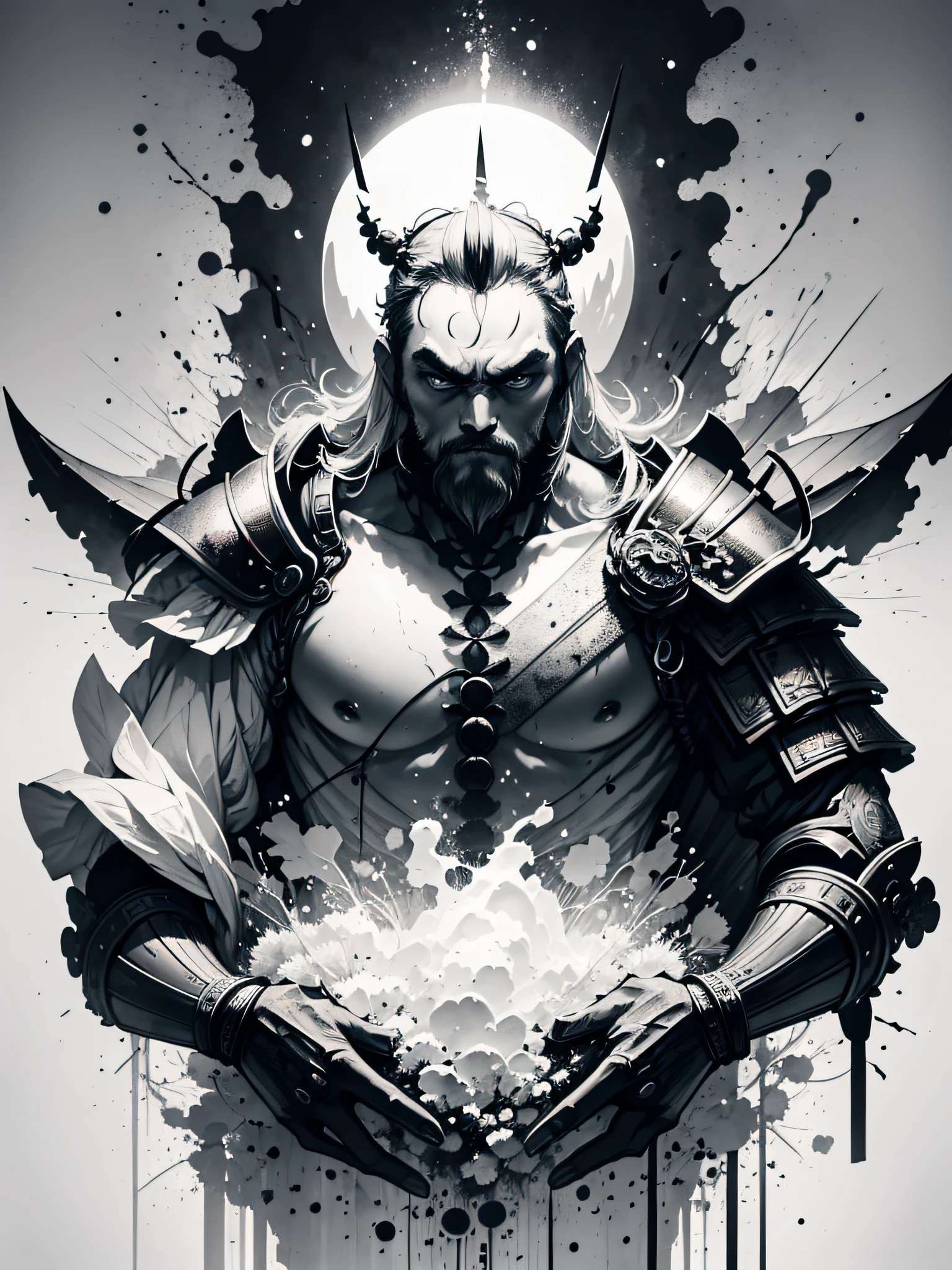 Masterpiece of a Samurai on his back with his armor, by Aase Berg, high contrast color details, black and white, anime style, Japanese theme, hyperdetailed, ultra quality, 4k, intricate lighting, chiaroscuro, white background with one color ink spots, drawing stroke made with 0.5mm Rottring pen