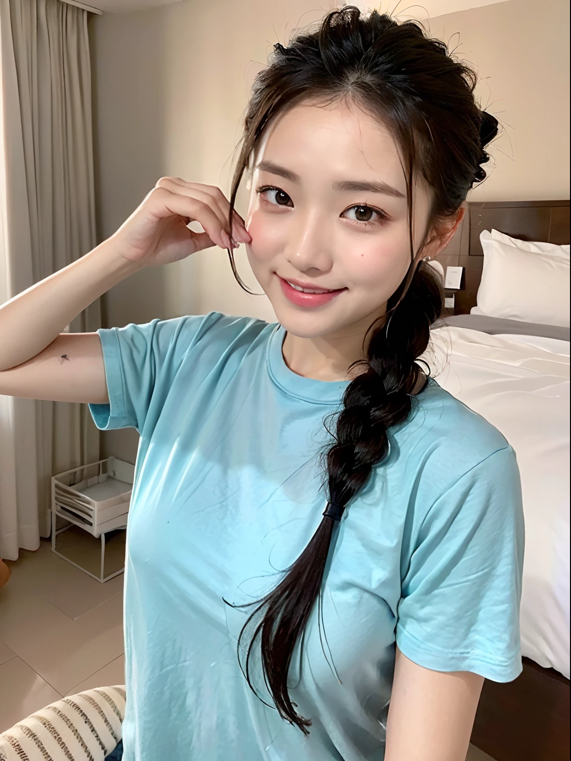 ((Best picture quality, 8K, tmasterpiece:1.3)), 1girll, , (Casual hairstyle, Leaking poor milk:1.2), underdressing:1.1, Ultra-fine face, A detailed eye, 二重まぶた,ssmile,onbed
