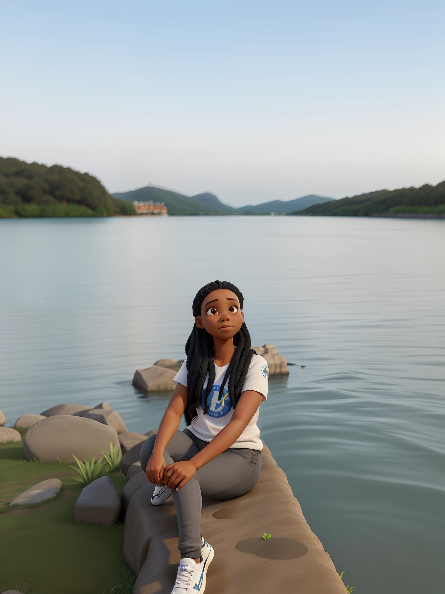 A black girl, cabelo liso, Leg pants, sneaker, camisa listrada, corpo inteiro, luz solar, rosto claro, fundo natureza, lago ao fundo, master part, Super Detalhe, Epic composition, Ultra HD |, alta qualidade, extremamente detalhado, Arte Oficial, papel de parede uniforme 8k, Super Detalhe, 32k