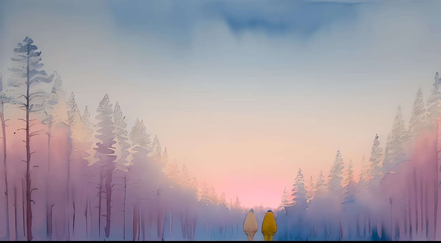 (Watercolor touch:1.4), ((Light yellow and blue color scheme:1,3)) ,(Snow and Sky:1.1), (Absence of animals),((Shades of light shades:1.3))(Pale pink night sky:1.4)、night starly sky, (Gradient Color:1.4)、(pale color:1.3),((top-quality)), ((masterpiece)), ( Extreme details, highestdetailed, Official art, Beautifully Aesthetic:1.2),Branches in the foreground,low angles,distant,Two men,backs