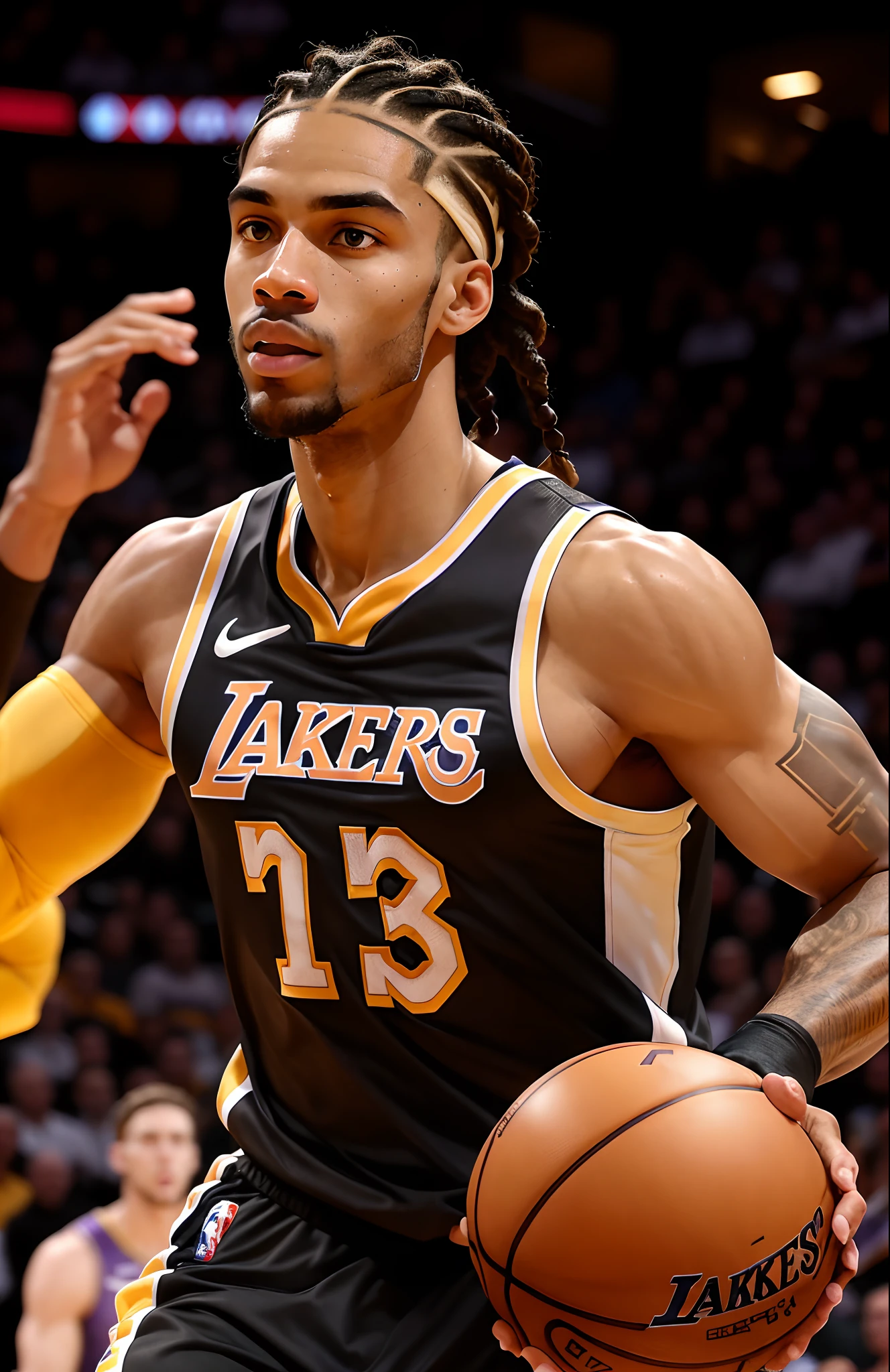 Lakers basketball player with green eyes, slightly dark skin color, hair with braids and no beard