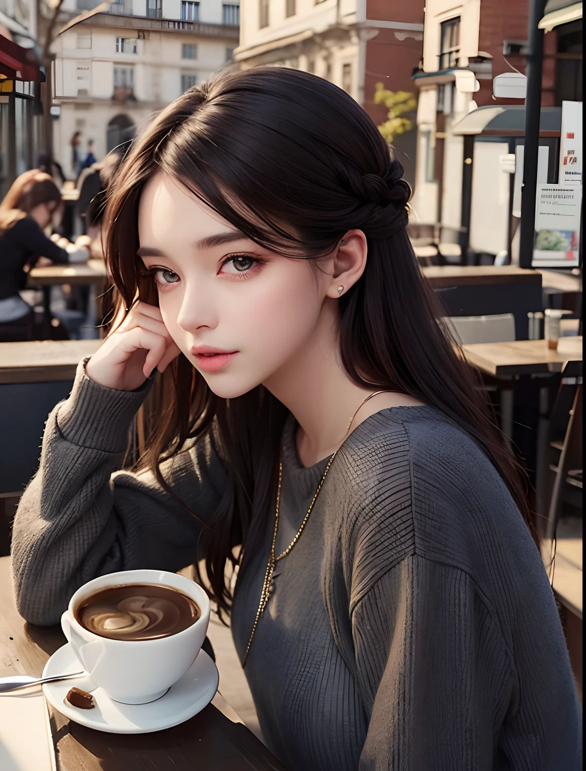 A beautiful woman. Detailed drawing of the face. Beautiful double eyes. The bridge of my nose. Well-shaped lips. Dark brown hair. modern clothing. Early twenties. drinking coffee at a cafe.