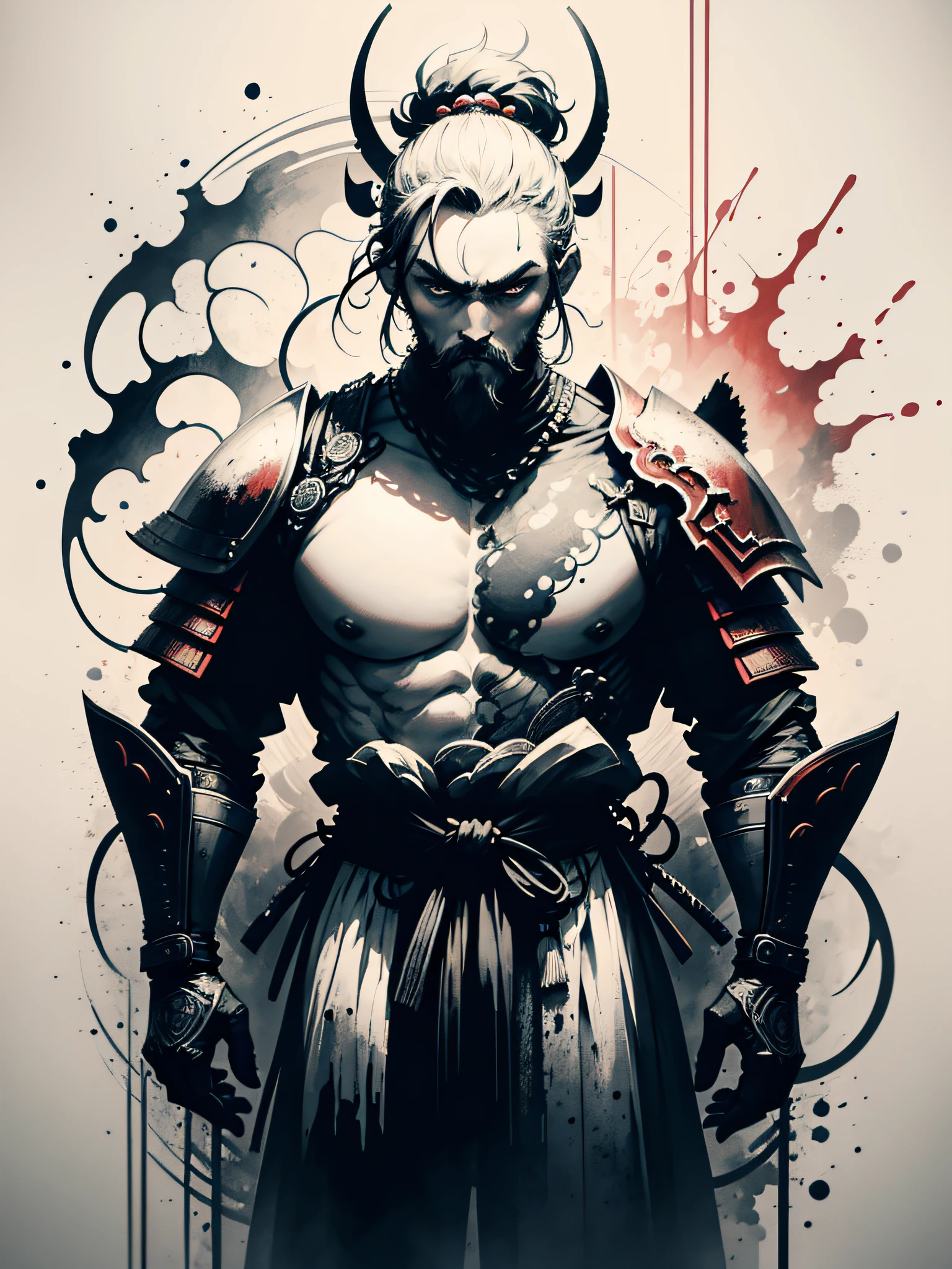 Masterpiece of a Samurai on his back with his armor, by Aase Berg, high contrast color details, black and white, anime style, Japanese theme, hyperdetailed, ultra quality, 4k, intricate lighting, chiaroscuro, white background with one color ink spots, drawing stroke made with 0.5mm Rottring pen