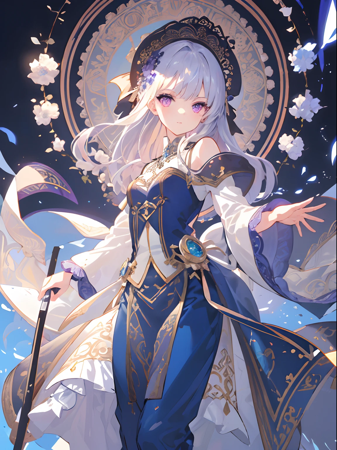 ((top-quality)), ((masterpiece)), ((ultra-detailliert)), (extremely delicate and beautiful), girl with,Purple eyes、The hair is long and white、 magical feeling vibes,Mystical Shadow,Mesmerizing views,Dynamic Poses,dramatic perspective, Intricate details, vivid hues, Seductive composition, Captivating artwork.Dressed as a fortune teller、Wearing a black hat,Holding a tarot card in your hand、shiny silver hair,