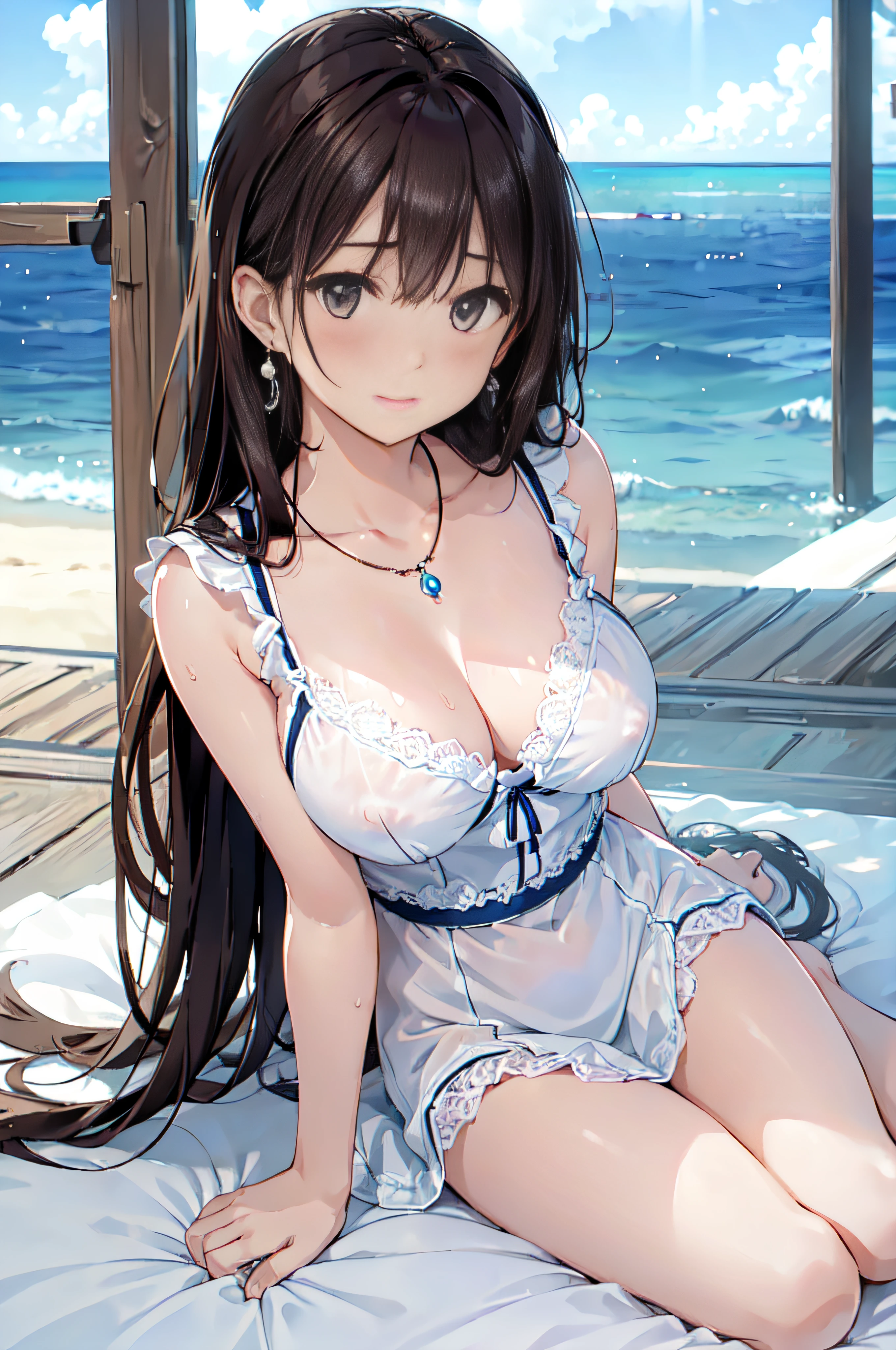 (High quality, High resolution, Fine details, Realistic), Long Wave Hair、dark brown hair、Earring、Modest necklace、white  shirt、flered skirt,wet costume、 rays of sunshine, Solo, Adult Woman, Sparkling eyes, Shy laughter,Kamimei、 blush, Large breasts,  Oily skin, Shallow depth of field、Puffy nipple、Pose with emphasis on the chest、Beachfront hotels、on the beds、Lying down、Light blue lace panties、spreading arms widely、During sex、Spread your knees apart