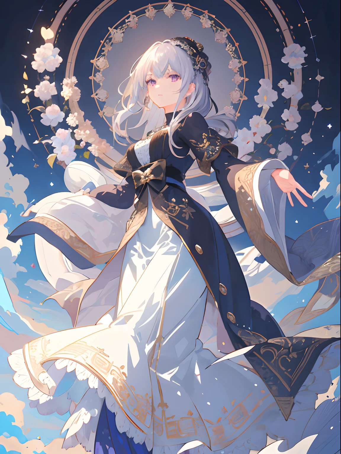 ((top-quality)), ((​masterpiece)), ((ultra-detailliert)), (extremely delicate and beautiful), girl with,Purple eyes、The hair is long and white、 magical feeling vibes,Mystical Shadow,Mesmerizing views,Dynamic Poses,dramatic perspective, Intricate details, vivid hues, Seductive composition, Captivating artwork.Dressed as a fortune teller、Wearing a black hat,Holding a tarot card in your hand、shiny silver hair,