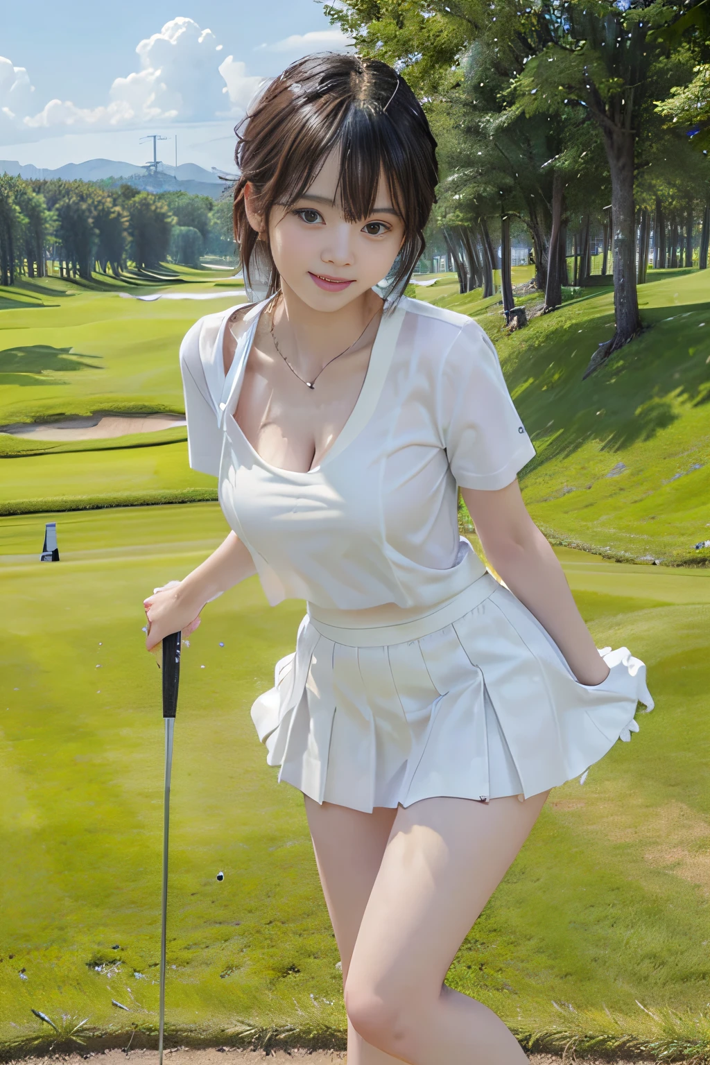 Smile full of happiness, Revealing clothing,  close the legs, Medium Hair, cleavage of the breast、1girll，Golf Player, face perfect, Short sleeve，(Short tight skirt in green),((White sun visor))  White shoes,　a wet body, Have a golf club, golf course, Sunnyday, Perfectly proportioned,  Textured skin, Super Detail、cute little、White skin、