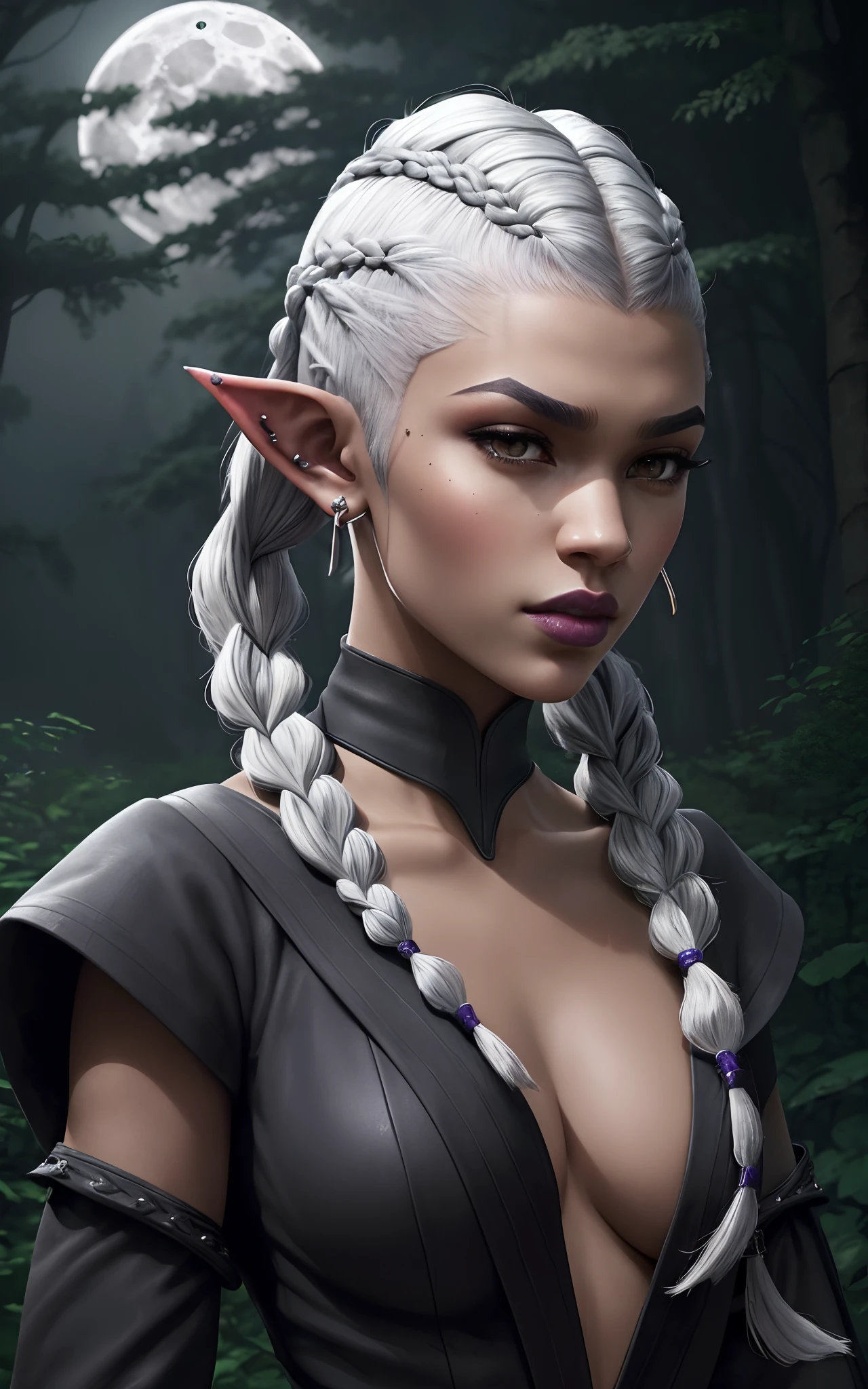 (Dark elf witch), the face of zendaya:Dua lipa, pointy ears, grey skin, white hair, (high top fade haircut), (one braid in one side of the head), masterpiece, dark forest in the background, fog, in the night, full moon ligth, 8k, detailed digital art, piercings.