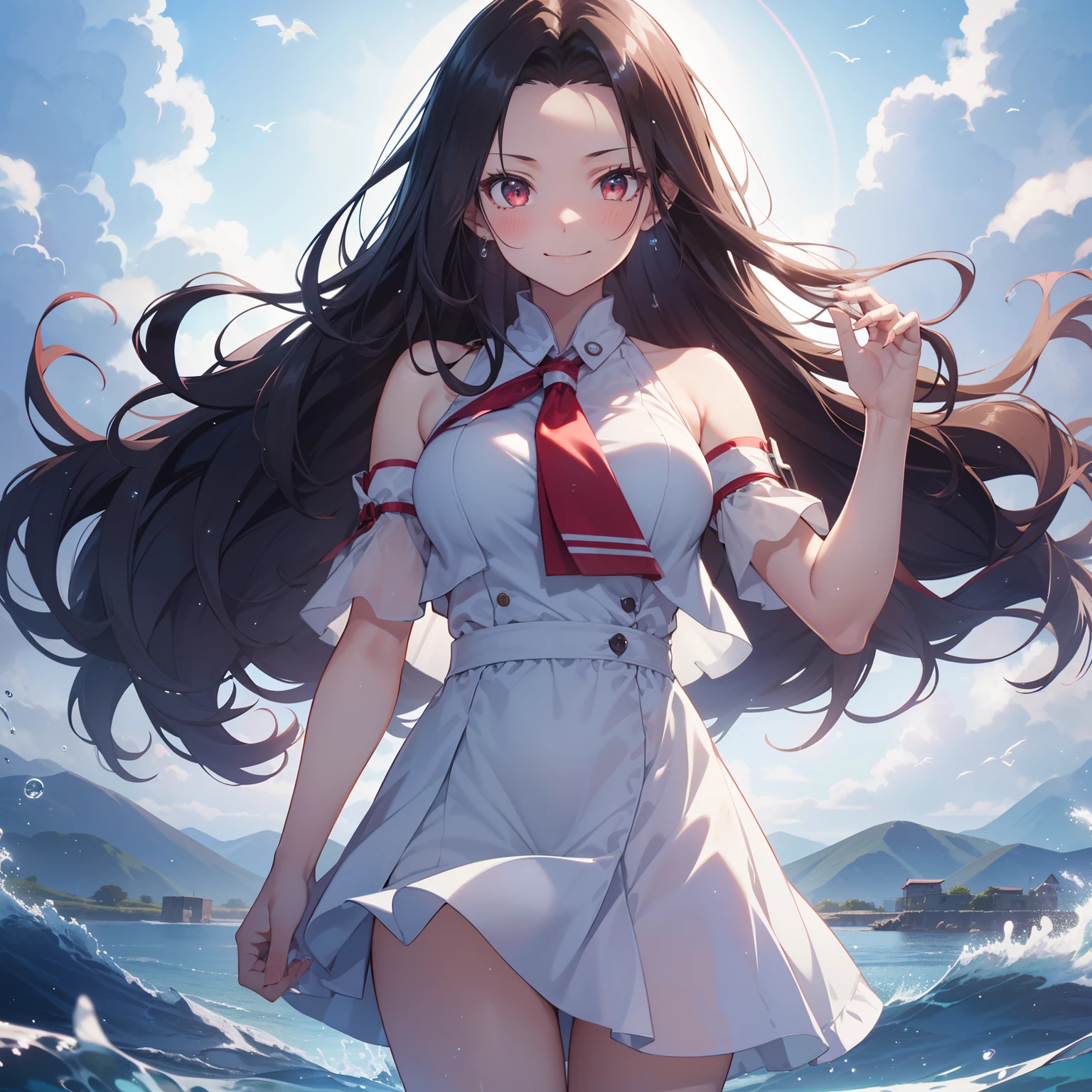 (masutepiece,Best Quality,8K),(extremely detailed CG1.1),Girl standing on the surface of the water emitting a beautiful light,Smile,large boob,(From below:1.2),Intricate details , Hyper realistic, Perfect Anatomy,A dark-haired,Red Eyes,(((Forehead))),Permed hair with wavy hair,(((length hair))),Hair over one eye,hair slicked back,(((Standing))),Full body,White Dress,blush,Happy smile,Calm lavender fields as far as the eye can see, Water droplets,Lens Flare,Wind,Magnificent view,(chromatic abberation:1.3),Dynamic Angle,bird flocks,Cowboy Shot,Looking at Viewer