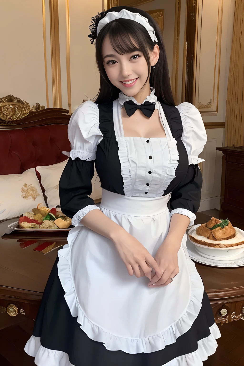 ((1 Beautiful Maid,Adult maid,20yr old,Half Japan and half Spanish,victorian maid, black and white maid uniform,Maid clothes with frills,Maid outfit with big apron,Maid outfit with a big apron,Luxury Maid Clothing,Long skirt, Victorian Maid Costume,Wearing maid clothes,Have a sumptuous meal,The background is the VIP room,Rooms in the mansion,mansion,Luxurious room,Detailed decoration of classy VIP rooms,Luxurious dining table,Detailed treats,Sumptuous cuisine fills the table,feast,Sumptuous feast,There are many luxurious dishes lined up,Luxurious tables,Elegant Standing Maid)),(Emphasize body lines,large full breasts,Big breasts that are about to burst,stares at the camera,sexy facial expression,sexypose,Looking at the camera,Abundant hairline,Top image quality, Top image quality, masterpiece, White teeth,Perfect smile,A big smile staring at the camera,high-definition RAW color photography, professional photograpy, extremely delicate and beautiful, Extremely detailed,finely detail, Huge file size,Top image quality,8K,Photos taken with a single-lens reflex camera)