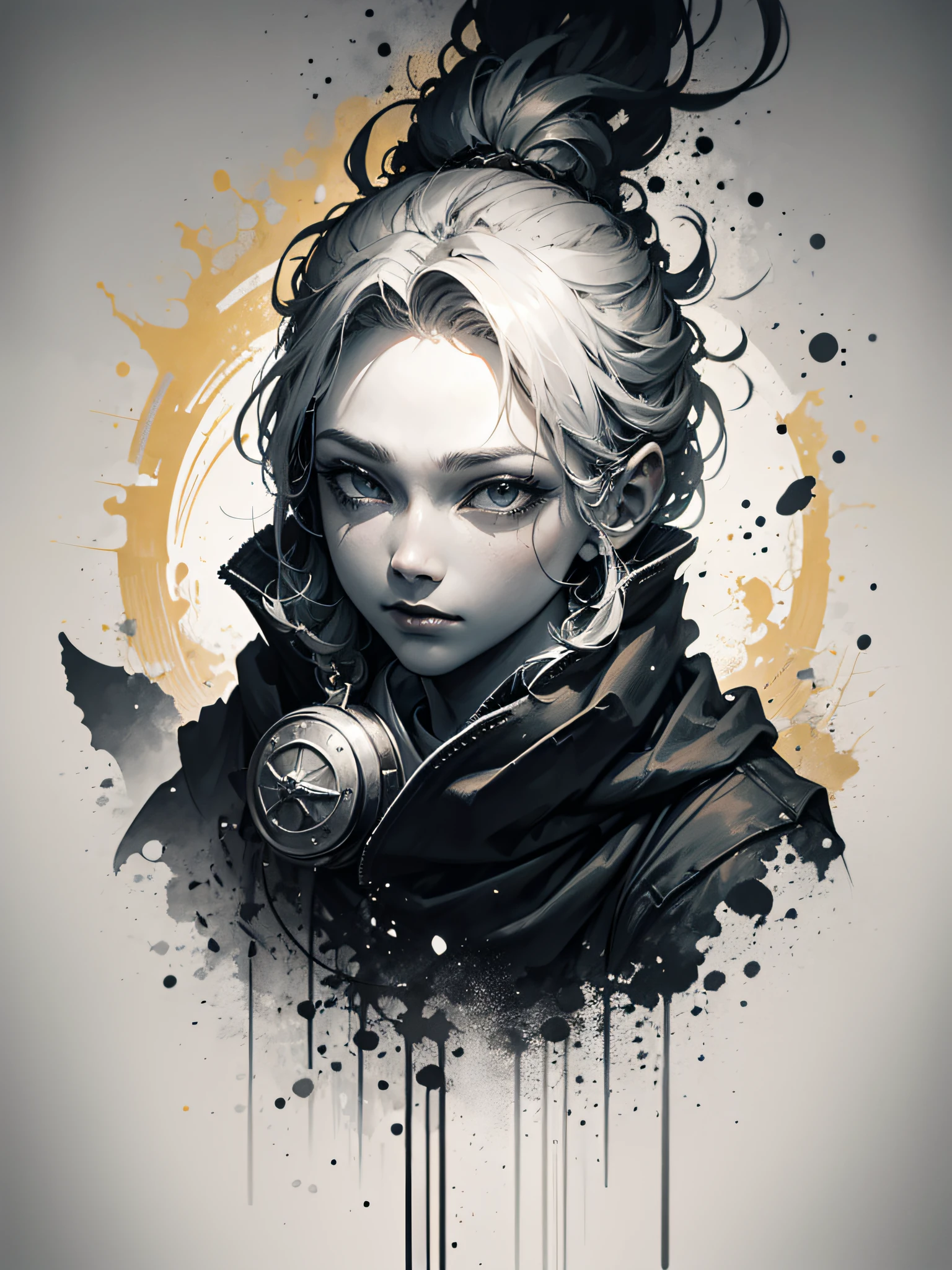 Masterpiece of a ninja, by Aase Berg, high contrast color details, black and white, anime style, Japanese theme, hyperdetailed, ultra quality, 4k, intricate lighting, chiaroscuro, white background with one color ink spots, drawing stroke made with 0.5mm Rottring pen