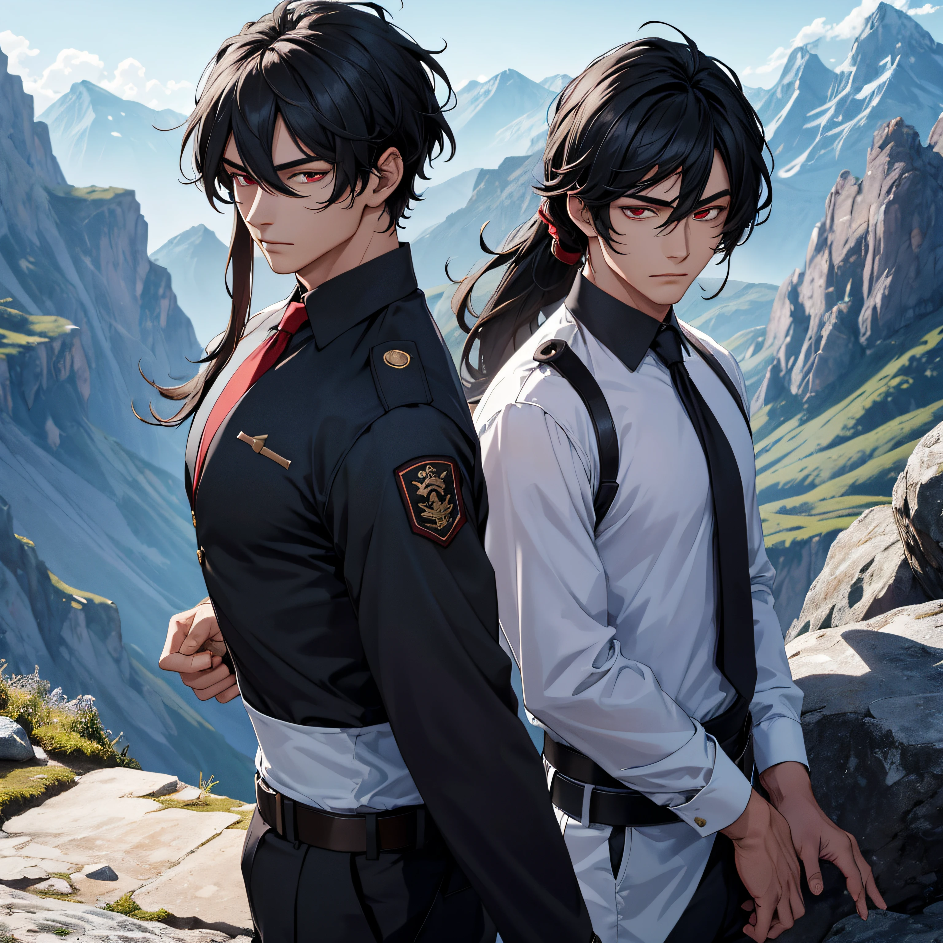 (absurderes, A high resolution, Ultra detailed), Masterpiece, Best quality,A handsome man,chest muscle,Long black hair,Tie up the ponytail,Red eyes, Handsome, finely eye and detailed face,Sit deep in the mountains,Close your eyes and meditate,The whole body of the internal power glows blue,The uniform of martial arts, full bodyesbian, Real Shadow, Close your eyes