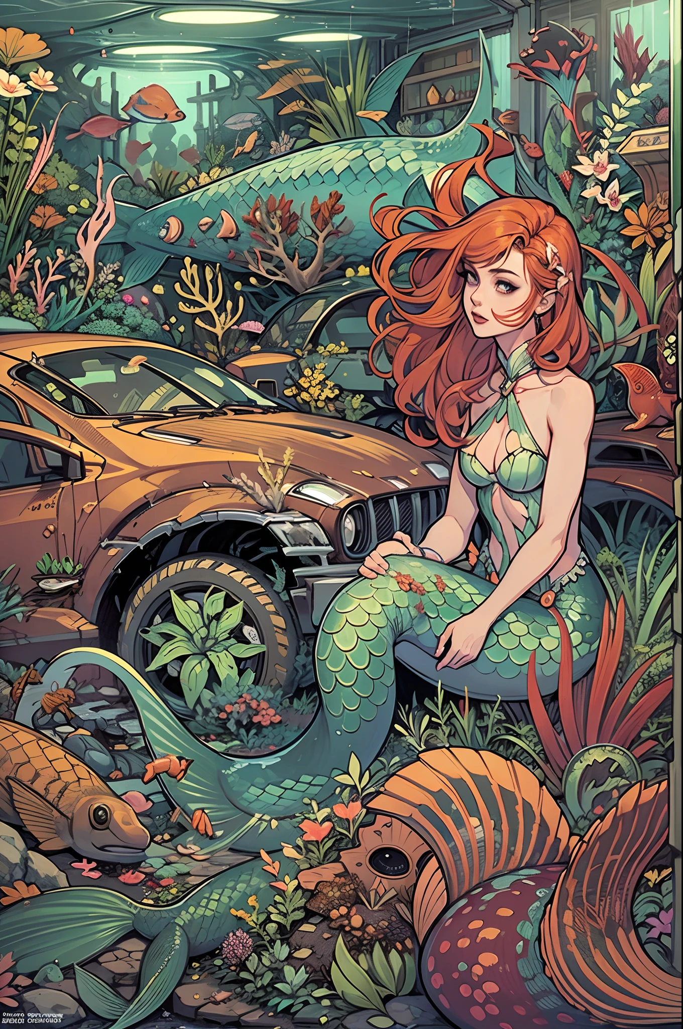 in an aquarium, a mermaid with terracotta hair in a path between chaos plants, destroyed cars like junkyard