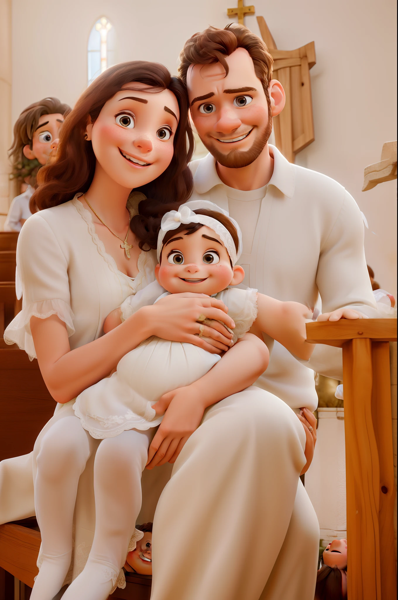 a family woman, man with a thin beard and female in a church dressed in white and smiling beautiful, angelic light, Disney pixar style elements movie, high quality