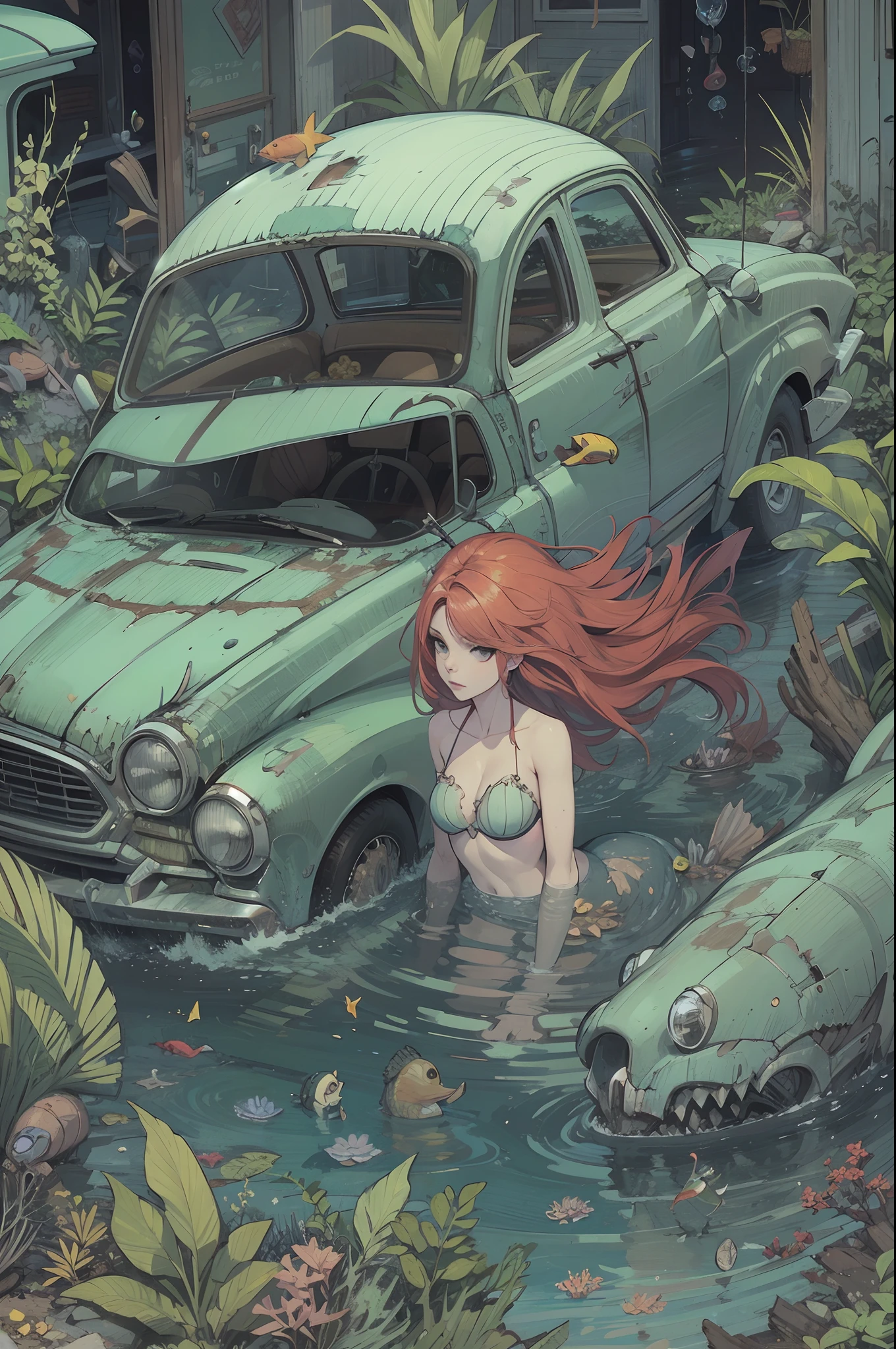in an aquarium, a mermaid with terracotta hair in a path between chaos plants, destroyed cars like junkyard