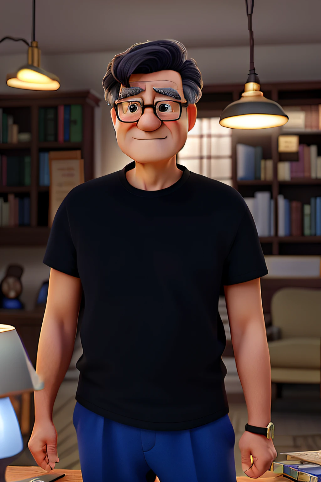 A wise old man standing in front, illuminated by the light of a lamp, against the backdrop of a library