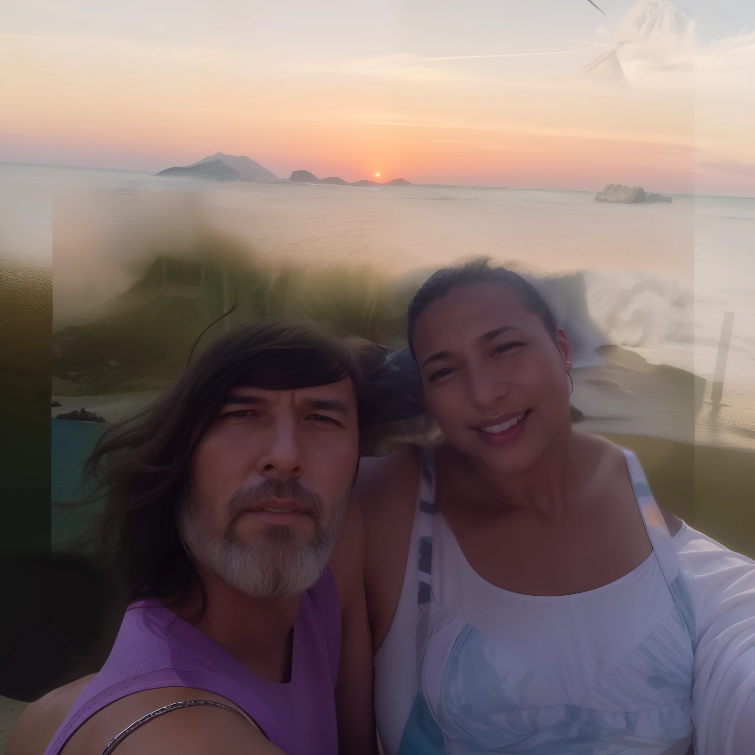 There's a man and woman in a bikini posing for a photo, imagem de perfil, vacation photo, with a volcano in the background, 4 k post, Postagem 4k, em uma praia tropical, com montanhas ao fundo, 4 5 I, na praia, foto de praia, em uma praia, na praia, par, photo from behind, facebook post