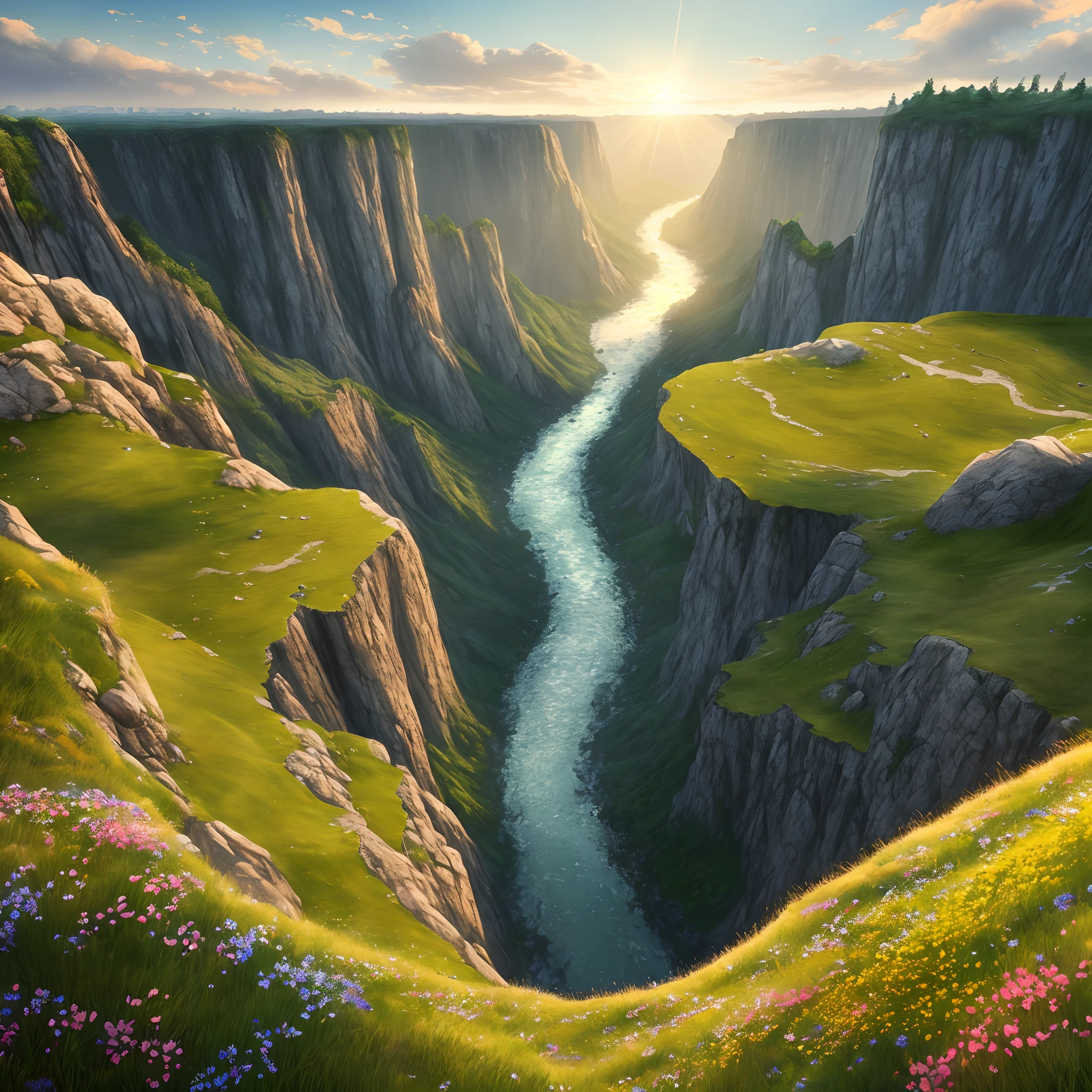 Very high and huge cliff 8k quality evening time yellowish sunlight cinematic view  a river flowing through them  with flowers and grass along its margin hyperrealistic highly detailed