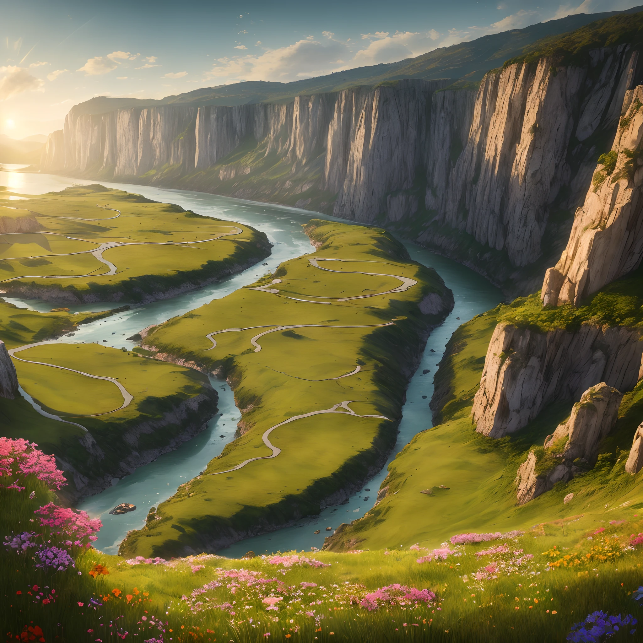 Very high and huge cliff 8k quality evening time yellowish sunlight cinematic view a river flowing through them with flowers and grass along its margin hyperrealistic highly detailed