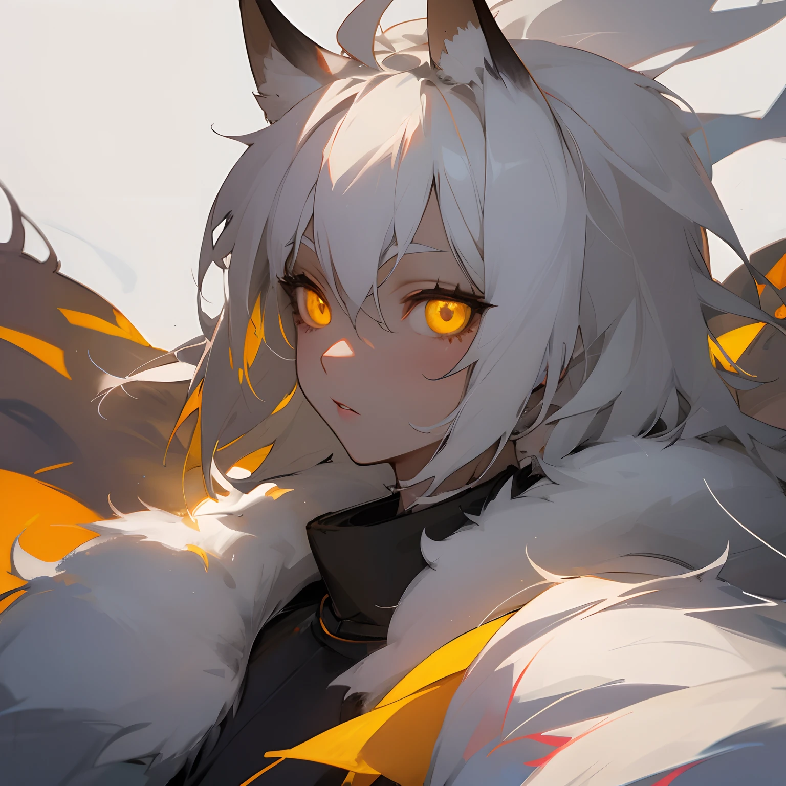 1female , fur coat , snowy background , white hair , glowing yellow eyes