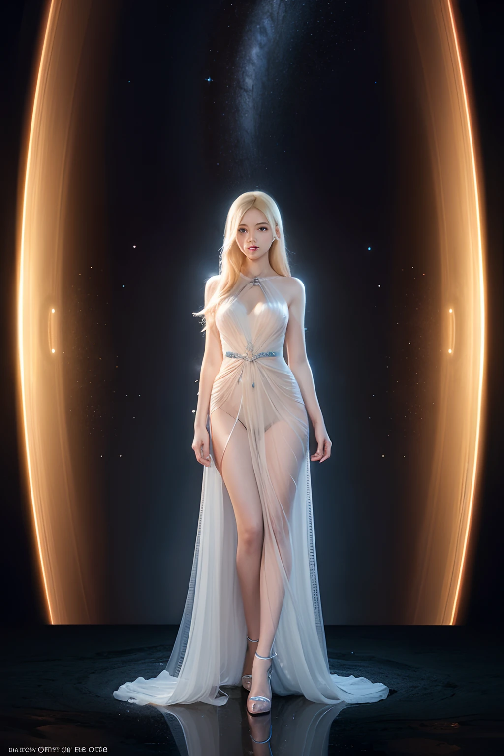 Woman with blonde hair,Background of Saturn's rings,The prospect of the stars,Transparent dress,Full body composition,Fantasize with gorgeous lights,gorgeous digital art,stunning digital illustration,digital fantasy art),3 D rendered character art 8 K,a stunning young ethereal figure,Highly detailed digital art in 4K,of ethereal fantasy,Very Beautiful Digital Art,beautiful digital art,fantasy digital art, digital fantasy art
