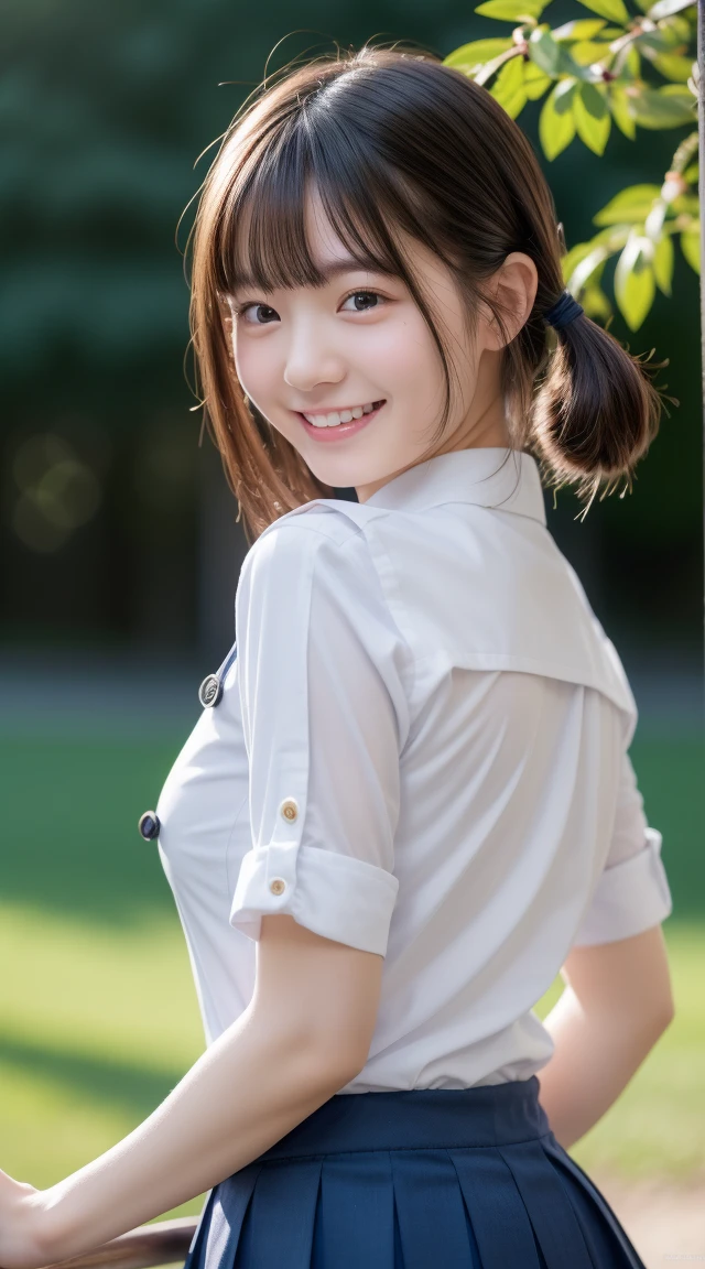 Enhanced dynamic perspective,Cute cute beautiful girl,JK school uniform,Beautiful skin, Look at me and smile,simple backgound,Works of masters,high quarity,4K resolution,super-fine,Detailed pubic hair,准确,Cinematic lighting,Leaves the original facial proportions、(large full breasts)、((buttonGap))