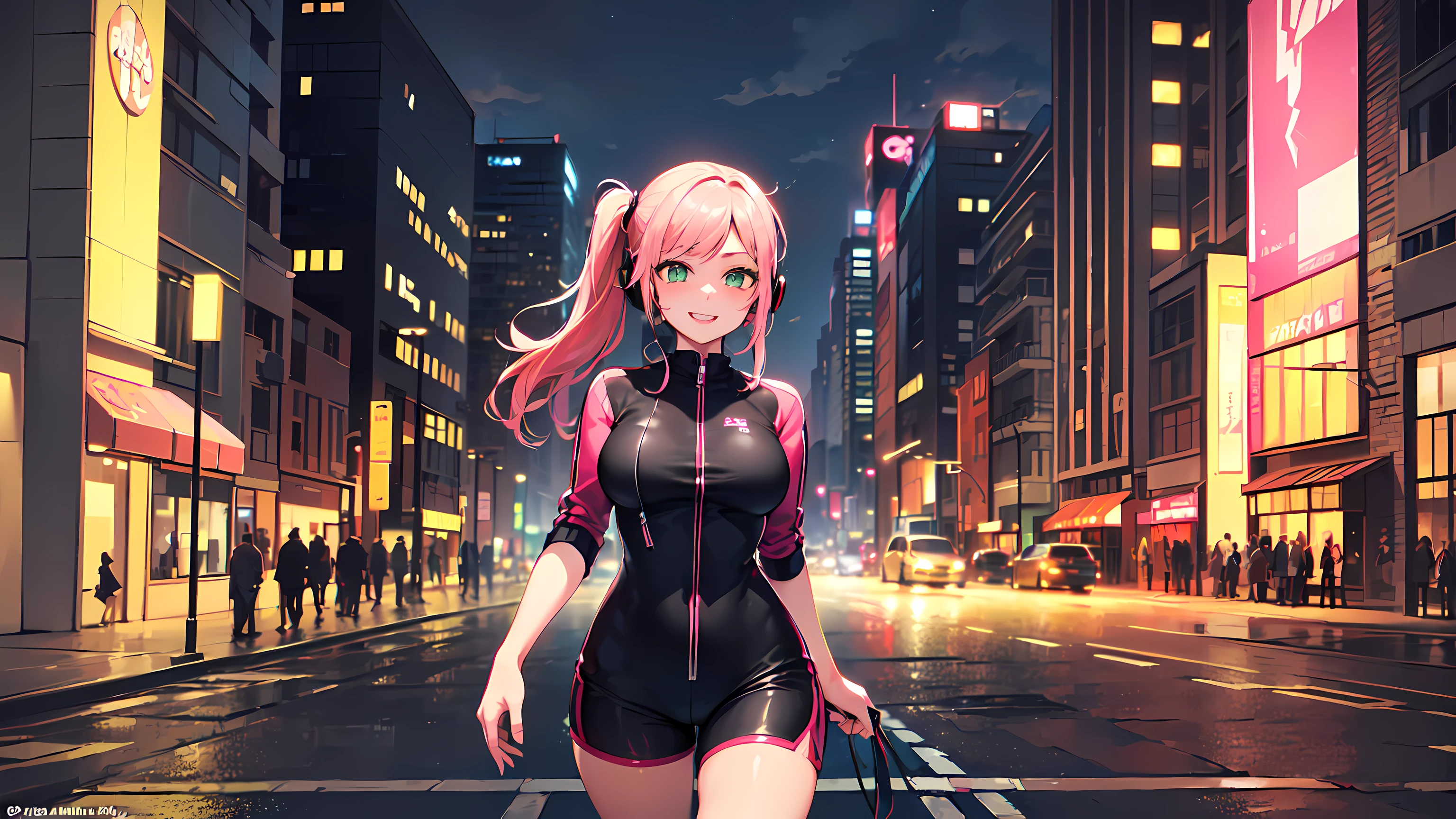 masterpiece, 1girl ((20year old, dressed in a tight 1 piece shorts romper, sneakers, medium breasts:1.2, multicolor pink hair, twin ponytails, perfect model body:1.3, green eyes:1.5, flirting, happy, big smile, wearing headphones, looking at viewer, walking down a busy city street during evening time:1.2, cowboy shot:1.3, tall buildings in the background:1.3, fun and exciting atmosphere:1.2)) ((solo:1.7)) ((evening time))